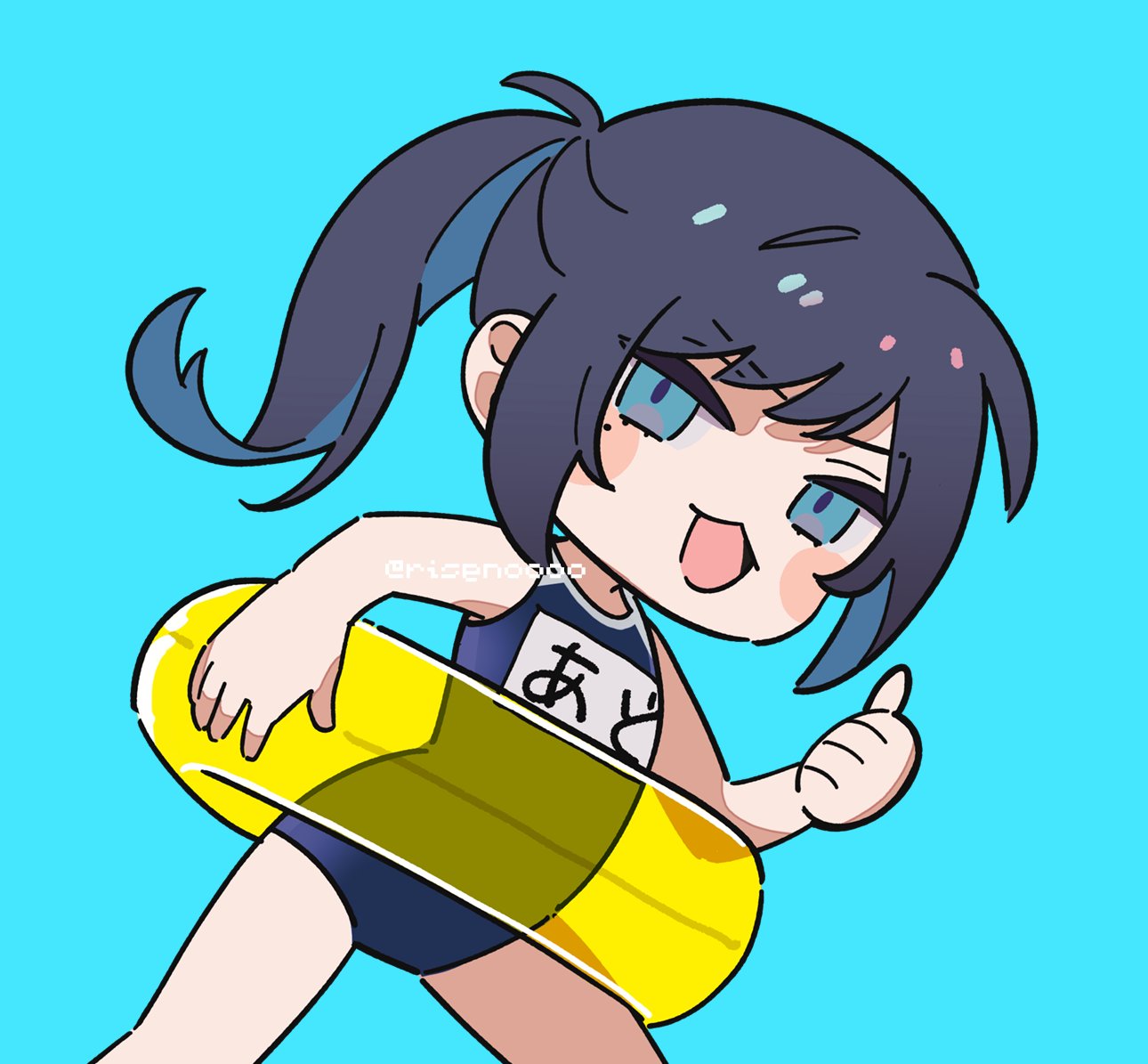 riseno, chando (ado), ado (utaite), commentary, hashtag-only commentary, translated, 1girl, black hair, blue background, blue eyes, blue one-piece swimsuit, character name, innertube, mole, mole under eye, one-piece swimsuit, open mouth, ponytail, simple background, solo, swim ring, swimsuit, utaite