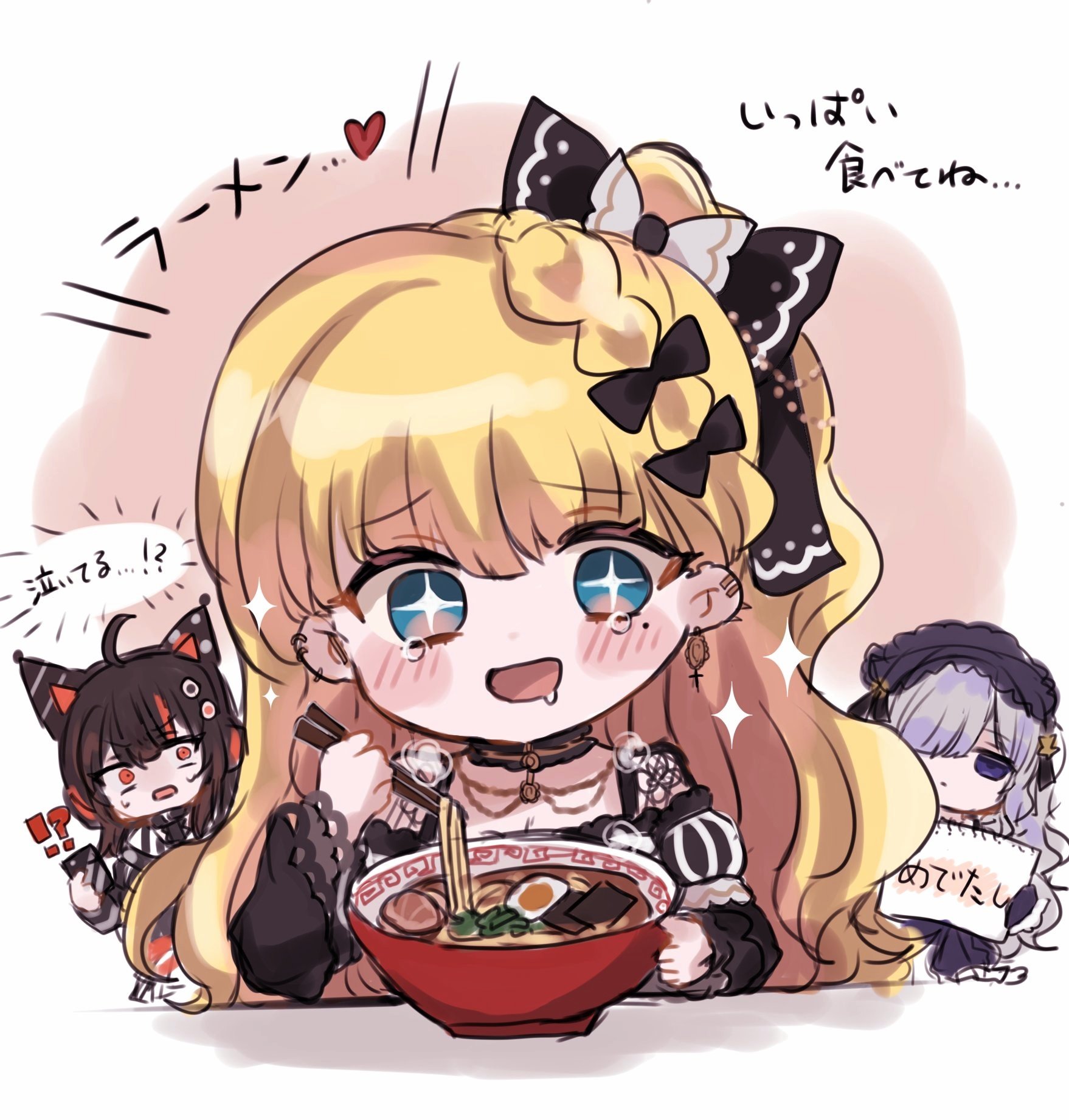 natsume anan, saeki miria, mahou shoujo no majo saiban, check translation, commentary, highres, symbol-only commentary, translation request, !?, 3girls, ahoge, animal ear headphones, animal ears, black bow, black dress, black hair, black hairband, blonde hair, blue eyes, bow, braid, cat ear headphones, chopsticks, cross, cross earrings, dress, drooling, ear piercing, earrings, empty eyes, expressionless, eyeball hair ornament, fake animal ears, food, gothic lolita, hair bow, hairband, headphones, hime cut, holding, holding chopsticks, holding sketchbook, jewelry, lolita fashion, lolita hairband, long hair, mole, mole under eye, multiple girls, noodles, open mouth, orange eyes, orange streaks, piercing, purple eyes, purple hair, ramen, sawatari koko, simple background, single braid, single earring, sketchbook, smile, sparkle, sparkling eyes, tearing up, very long hair, wide-eyed, yuribatakesaiko