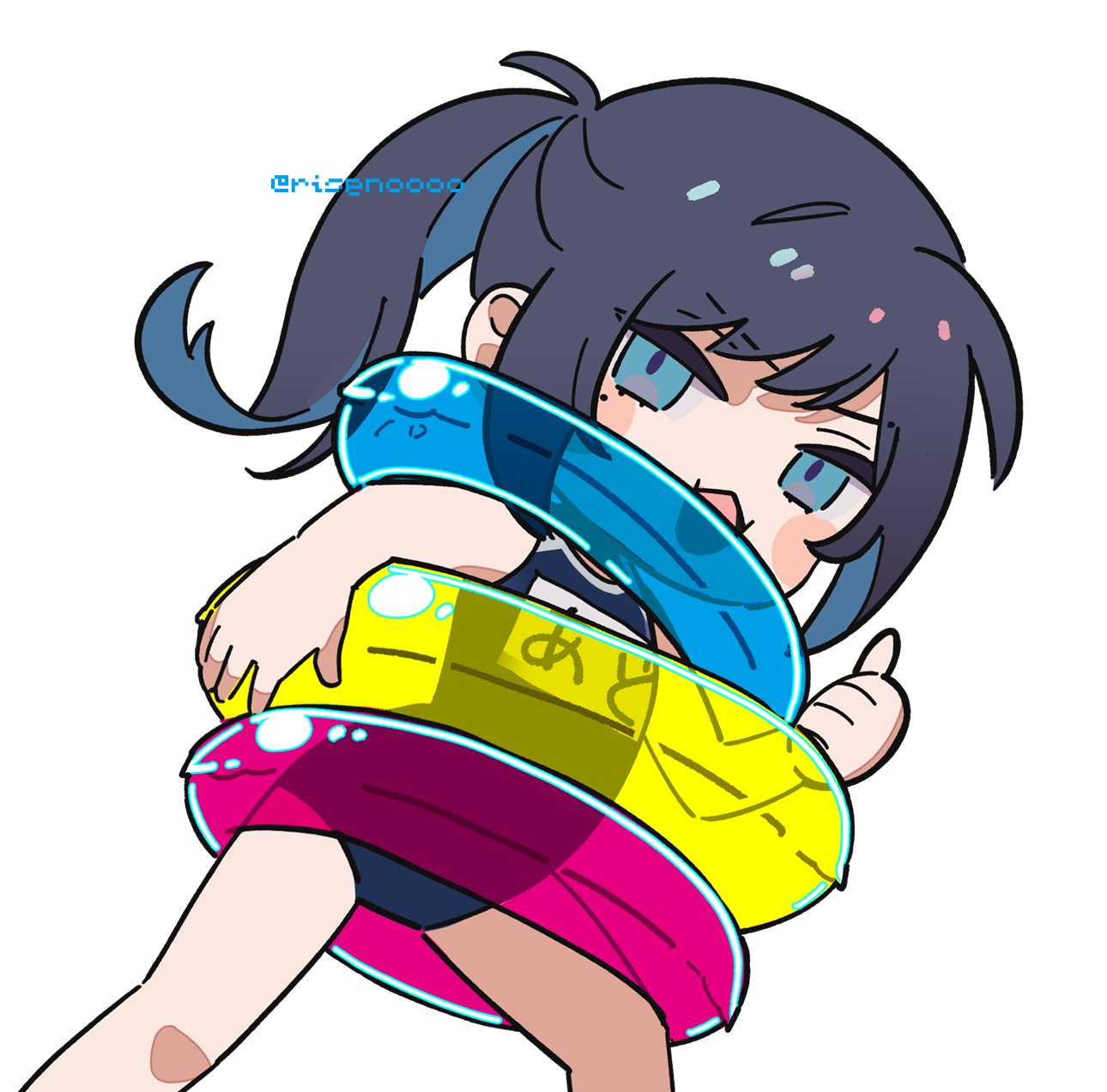 riseno, chando (ado), ado (utaite), commentary, hashtag-only commentary, highres, translated, 1girl, black hair, blue eyes, blue one-piece swimsuit, character name, innertube, mole, mole under eye, one-piece swimsuit, open mouth, ponytail, simple background, solo, swim ring, swimsuit, twitter username, utaite, white background