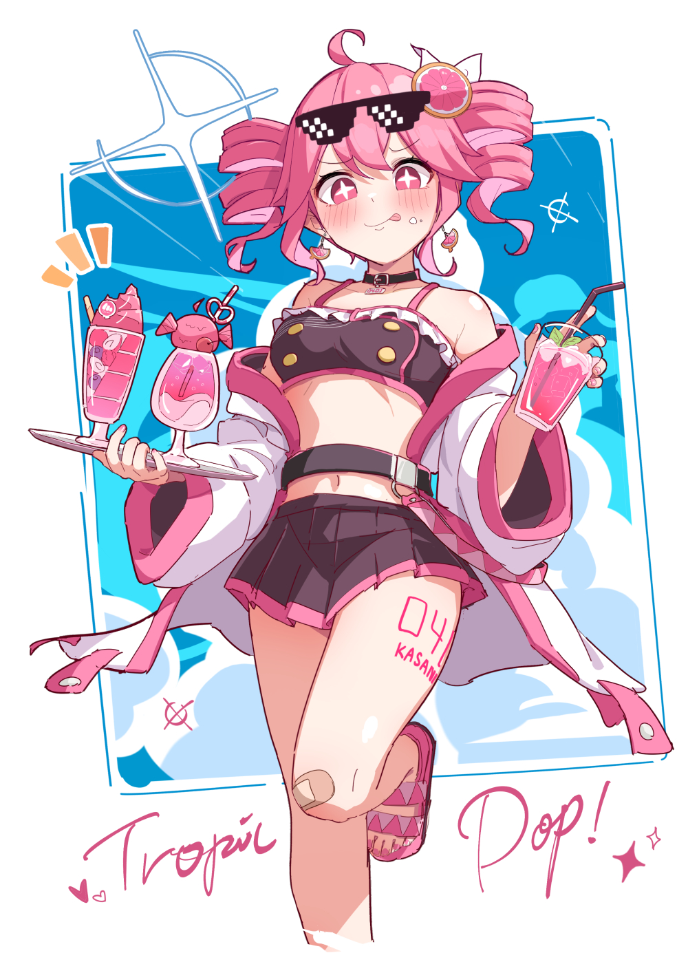 brat (brabrabrat00), kasane teto, utau, commentary request, highres, + +, 1girl, :p, ahoge, bandaid, bandaid on knee, bandaid on leg, bendy straw, black skirt, blue sky, cloud, crazy straw, cup, day, deal with it (meme), drill hair, drinking glass, drinking straw, eyewear on head, heart straw, holding, holding cup, holding tray, jacket, long sleeves, meme, navel, off shoulder, open clothes, open jacket, pink eyes, pink hair, pink sandals, pleated skirt, sandals, skirt, sky, solo, standing, standing on one leg, sunglasses, tongue, tongue out, tray, twin drills, twintails, white jacket, wide sleeves