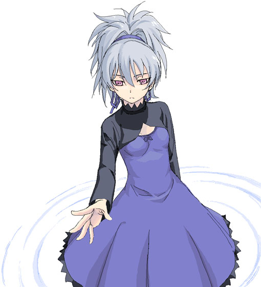 satou atsuki, yin (darker than black), darker than black, 00s, 1girl, blue skirt, breasts, brown eyes, cleavage cutout, clothing cutout, dress, expressionless, female focus, grey hair, hair ribbon, long sleeves, looking at viewer, outstretched arm, ponytail, purple dress, ribbon, simple background, skirt, small breasts, solo, standing, white background