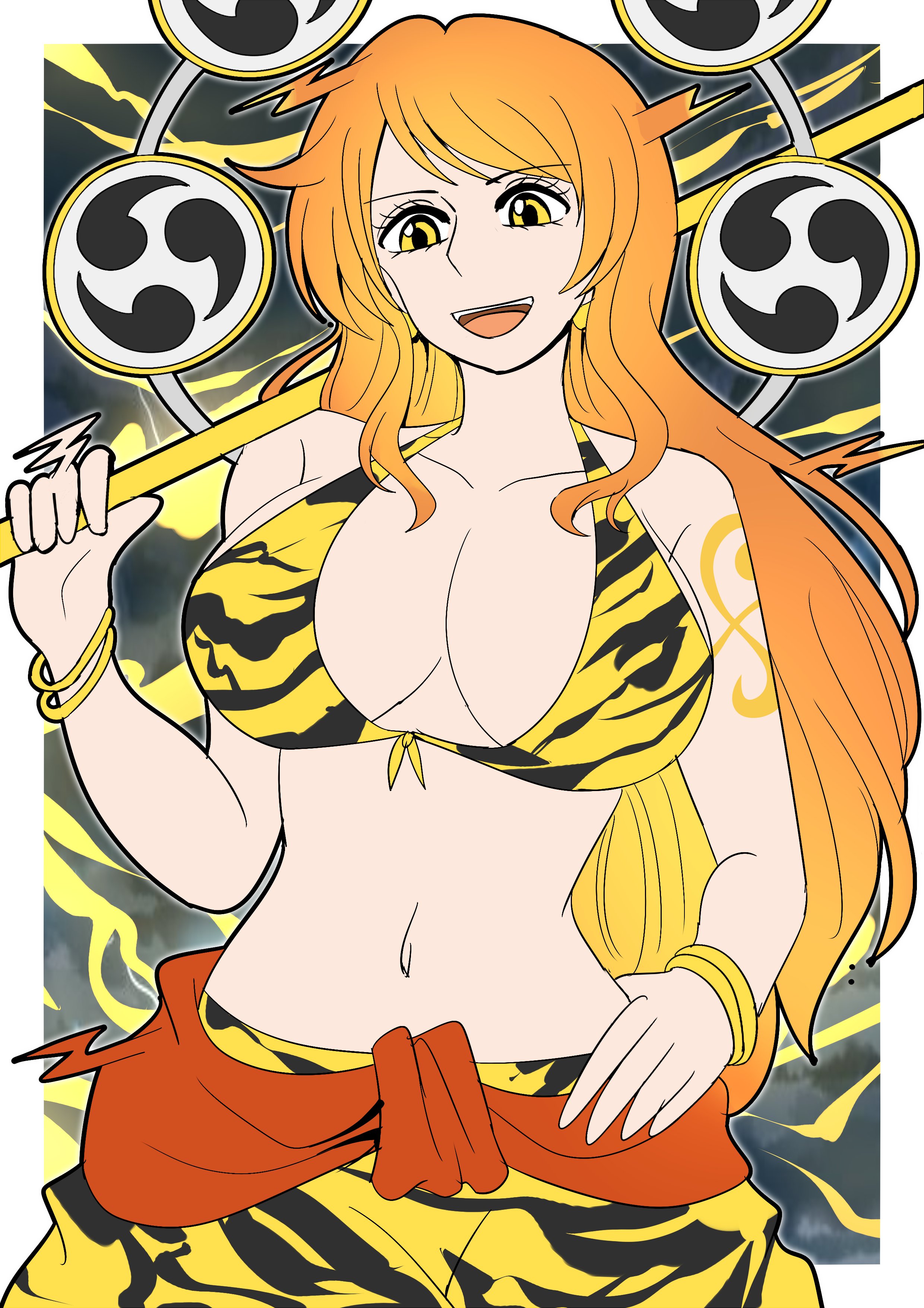 degamishiro, enel, nami (one piece), one piece, 1girl, bikini, bikini top only, bracelet, breasts, curvy, enel (cosplay), goro goro no mi, hand on own hip, holding, holding staff, jewelry, large breasts, long hair, looking at viewer, navel, open mouth, orange hair, shoulder tattoo, smile, solo, staff, striped bikini, striped clothes, swimsuit, tattoo, tiger print bikini, yellow eyes