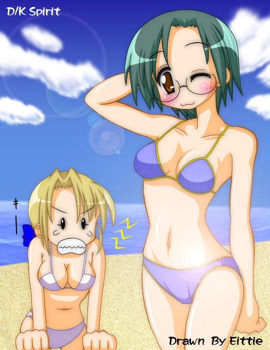 kuroi nanako, narumi yui, lucky star, 00s, glasses, swimsuit