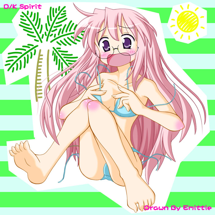 emitti, takara miyuki, lucky star, tagme, 00s, 1girl, bikini, breasts, female focus, full body, glasses, outdoors, plant, sitting, solo, swimsuit, tree
