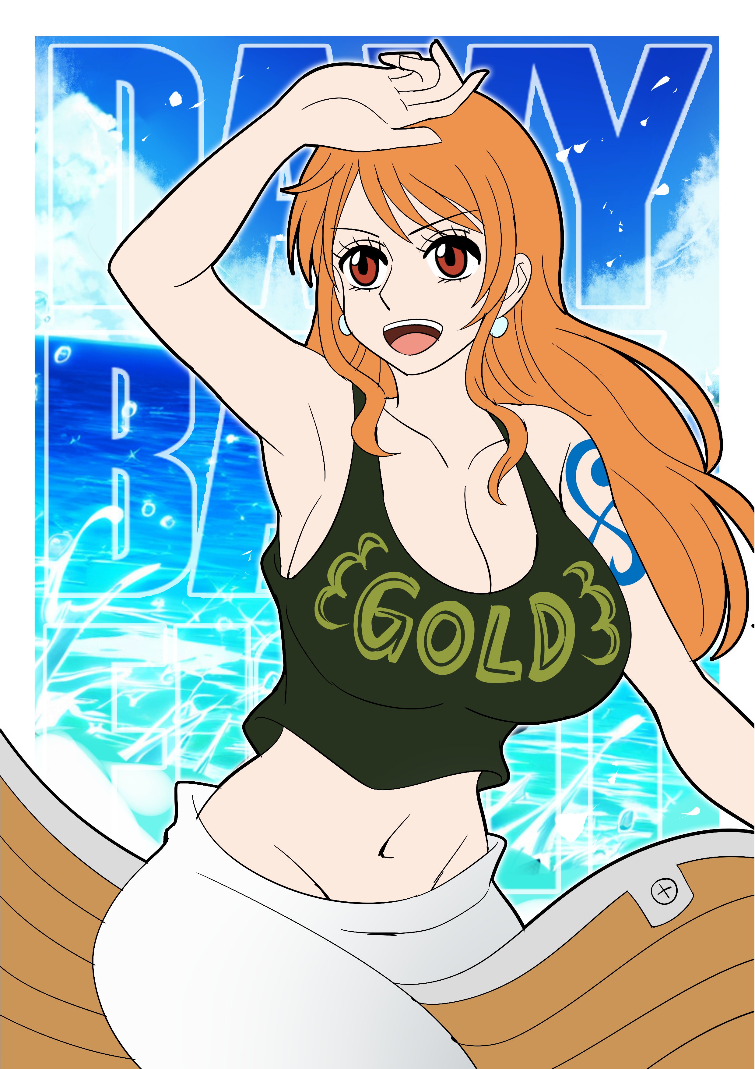 degamishiro, nami (one piece), nami (one piece) (long ring long land), one piece, 1girl, arm up, armpits, boat, breasts, cleavage, clothes writing, cloud, cloudy sky, green shirt, large breasts, long hair, midriff, navel, ocean, open mouth, orange hair, pants, shirt, shoulder tattoo, sideboob, sky, sleeveless, sleeveless shirt, smile, solo, tattoo, water, watercraft, white pants