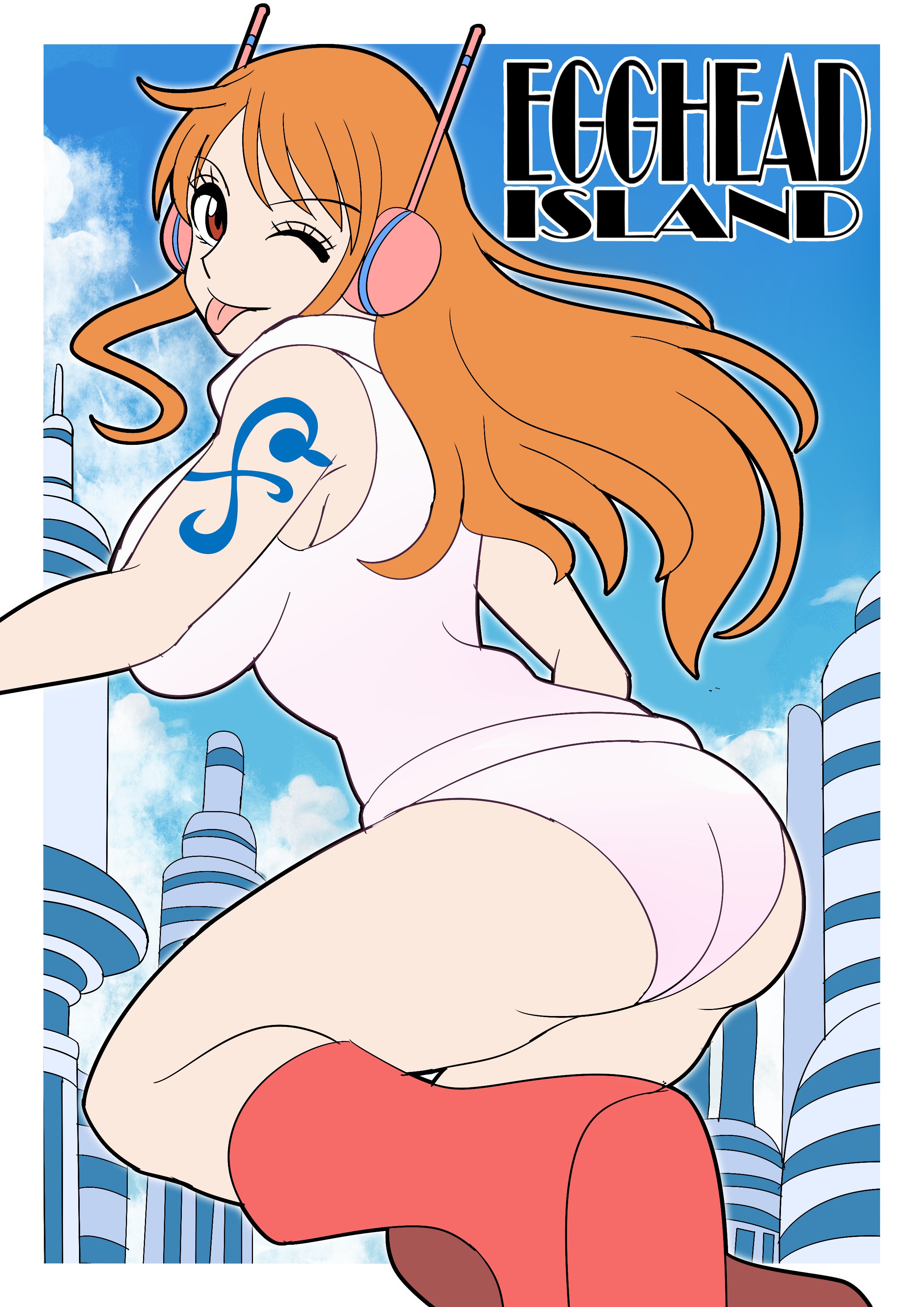 degamishiro, nami (one piece), nami (one piece) (egghead), one piece, 1girl, ;p, alternate costume, ass, breasts, cloud, cloudy sky, egghead island, headphones, hood, hoodie, large breasts, leotard, long hair, looking at viewer, looking back, official alternate costume, one eye closed, orange hair, shoulder tattoo, sky, sleeveless, sleeveless hoodie, smile, solo, tattoo, thighs, tongue, tongue out, wink