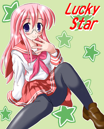 hiiragi tomoka, takara miyuki, lucky star, lowres, 00s, blush, glasses, long hair, pantyhose, pink hair, purple eyes, school uniform, serafuku, solo
