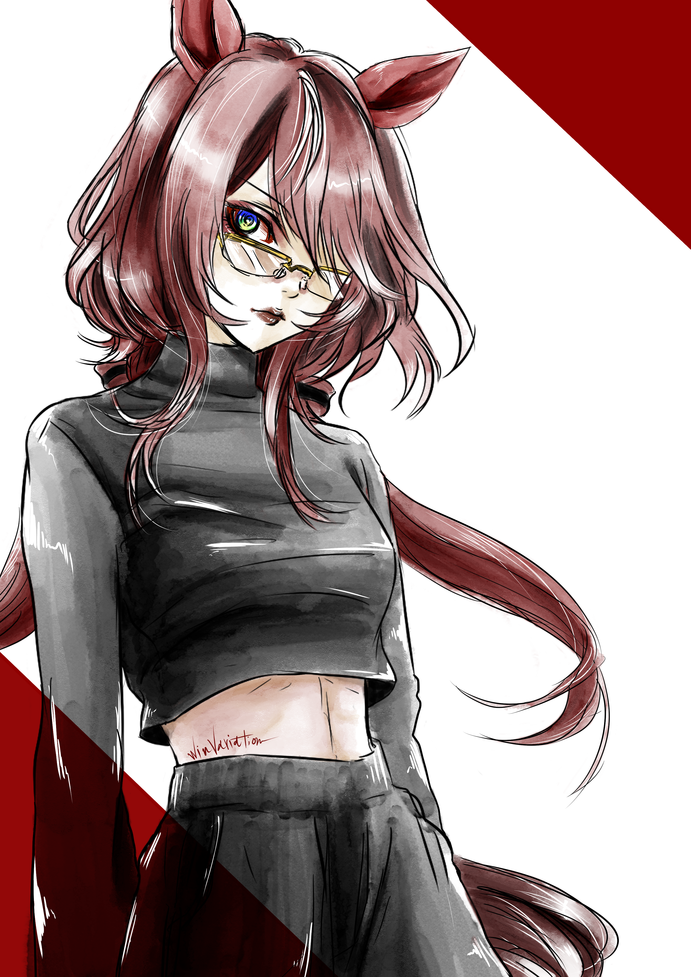 win variation (umamusume), umamusume, absurdres, highres, 1girl, animal ears, black pants, black shirt, blue eyes, breasts, brown hair, character name, crop top, glasses, hair over one eye, horse ears, horse girl, horse tail, long hair, long sleeves, looking at breasts, looking at viewer, medium breasts, multicolored hair, pants, red lips, shirt, siro1822403, solo, streaked hair, tail, turtleneck, turtleneck shirt, very long hair, white hair
