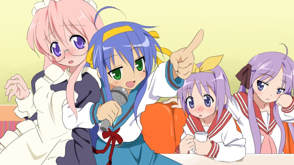 sanshita, asahina mikuru, hiiragi kagami, hiiragi tsukasa, hirano aya, izumi konata, suzumiya haruhi, takara miyuki, lucky star, suzumiya haruhi no yuuutsu, 4girls, alternate costume, asahina mikuru (cosplay), blue sailor collar, cosplay, enmaided, maid, mole, mole under eye, multiple girls, parody, sailor collar, school uniform, serafuku, siblings, sisters, suzumiya haruhi (cosplay), twins, voice actor connection