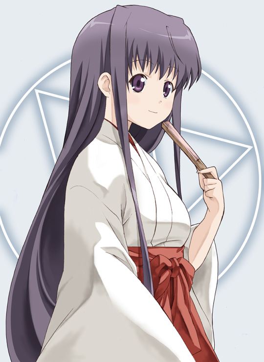 takano natsuki, akabane kureha, night wizard, 00s, 1girl, blue eyes, blue hair, female focus, folded fan, folding fan, hakama, hakama skirt, hand fan, holding, japanese clothes, kimono, long hair, long sleeves, looking at viewer, matching hair/eyes, miko, red hakama, red skirt, sidelocks, simple background, skirt, solo, very long hair, white background, wide sleeves