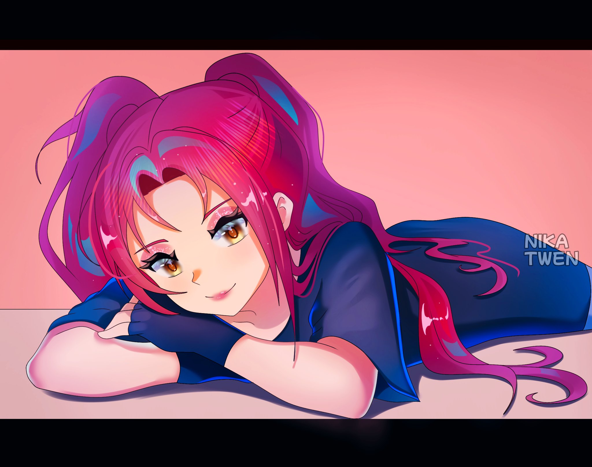 mira (kpop demon hunters), kpop demon hunters, commentary, highres, 1girl, artist name, black gloves, closed mouth, eyeshadow, fingerless gloves, gloves, letterboxed, lying, makeup, nikatwen, on stomach, pink eyeshadow, short sleeves, sidelocks, smile, solo, twintails