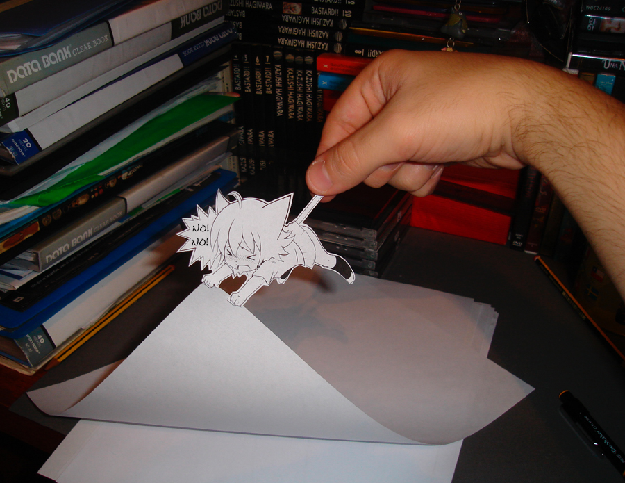 papercraft (medium), photo (medium), unconventional media, > <, 1girl, animal ears, character cutout, closed eyes, paper, paper child, solo focus, tail