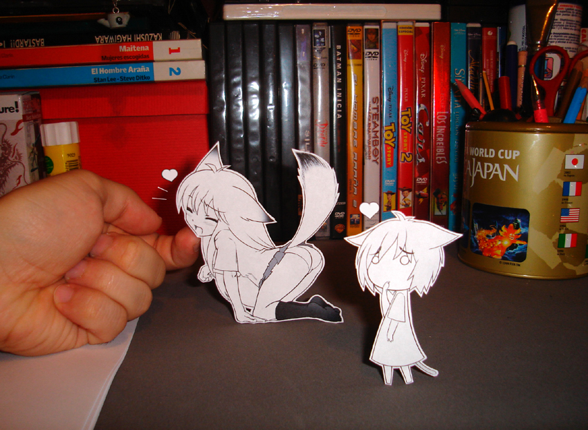 original, papercraft (medium), photo (medium), unconventional media, 2girls, animal ears, cat ears, cat tail, character cutout, dog ears, dress, dvd (object), fox ears, fox tail, hand on another's chin, heart, multiple girls, panties, paper, paper child, stroking another's chin, tail, underwear