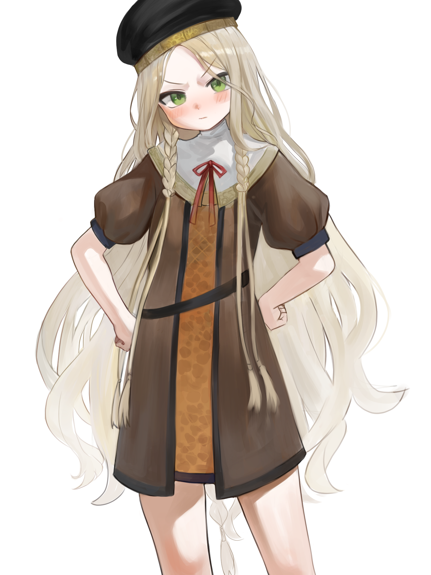 dokomon, revenant (elden ring), elden ring, elden ring nightreign, commentary request, highres, korean commentary, 1girl, beret, black hat, blush, braid, brown dress, brown hair, closed mouth, dress, green eyes, hands on own hips, hat, head tilt, long hair, looking at viewer, neck ribbon, parted bangs, puffy short sleeves, puffy sleeves, red ribbon, ribbon, short sleeves, simple background, solo, standing, v-shaped eyebrows, very long hair, white background