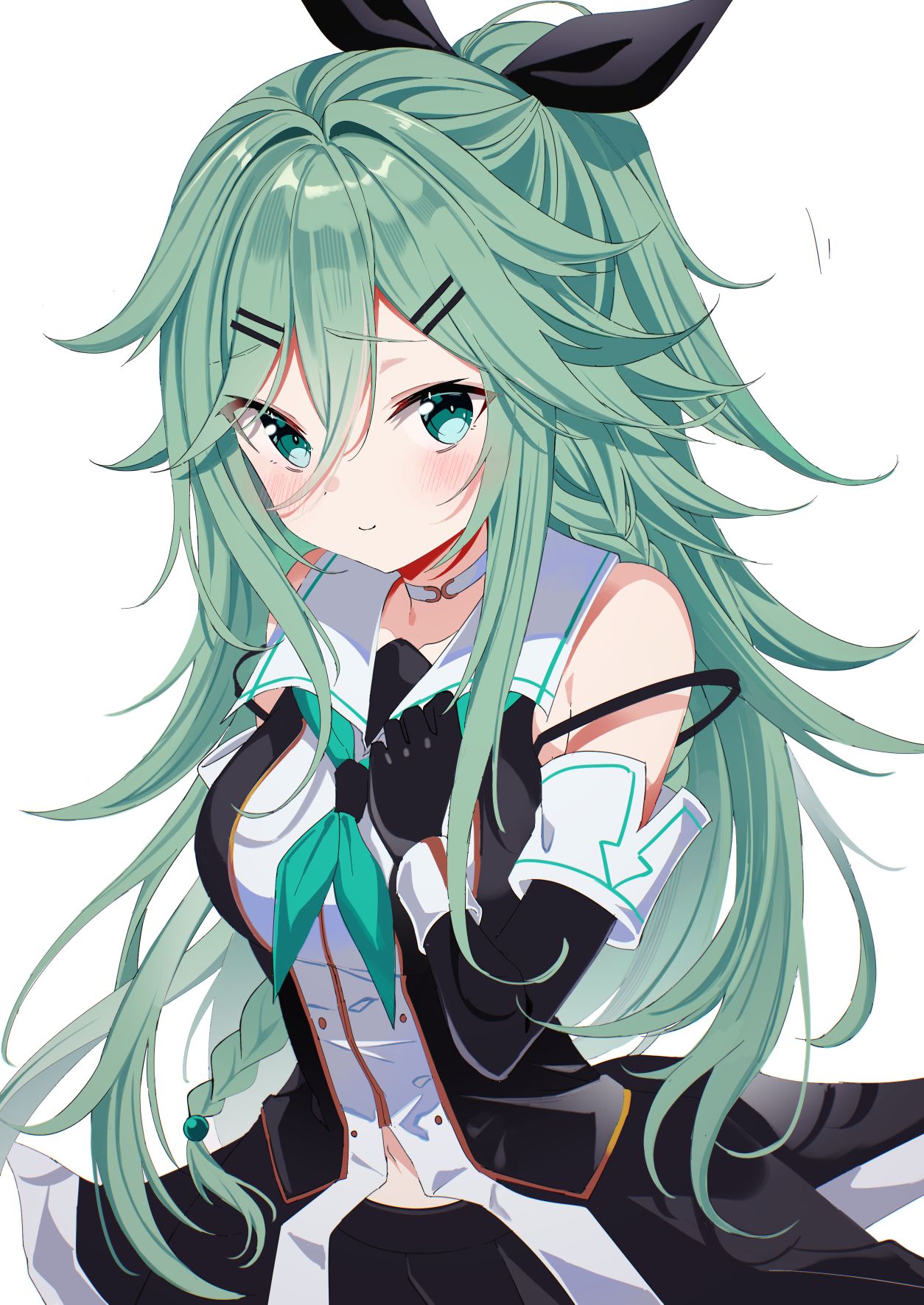 fathom, yamakaze (kancolle), yamakaze kai ni (kancolle), kantai collection, commentary, highres, 1girl, black gloves, black ribbon, braid, choker, closed mouth, elbow gloves, gloves, green eyes, green hair, hair between eyes, hair ribbon, long hair, looking at viewer, navel, ribbon, simple background, single braid, solo, white background, white choker
