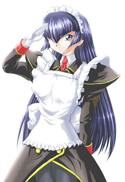 tsurugi konoe, hanaukyou maid tai, 00s, 1girl, blue eyes, blue hair, breasts, female focus, hime cut, large breasts, looking at viewer, maid, matching hair/eyes, simple background, solo, white background