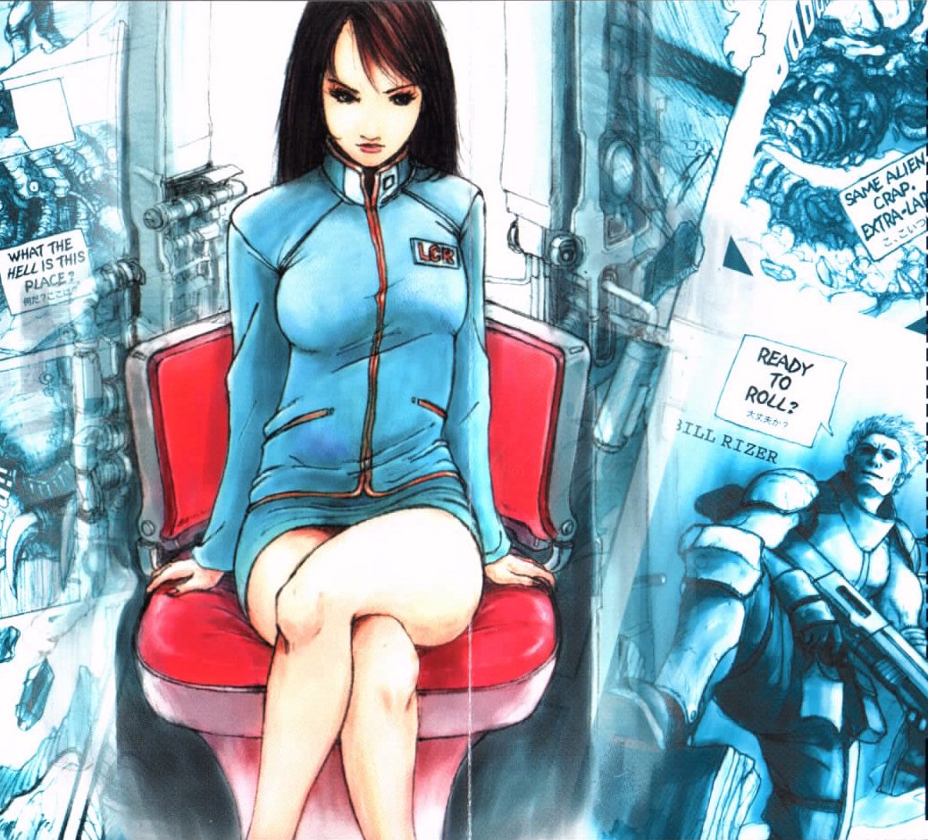 bill rizer, lucia (contra), contra, contra: shattered soldier, konami, official art, 1boy, 1girl, alien, android, armor, brown hair, crossed legs, game console, gun, legs, long hair, military, military uniform, monster, pencil skirt, playstation 2, raglan sleeves, rifle, shotgun, sitting, skirt, weapon
