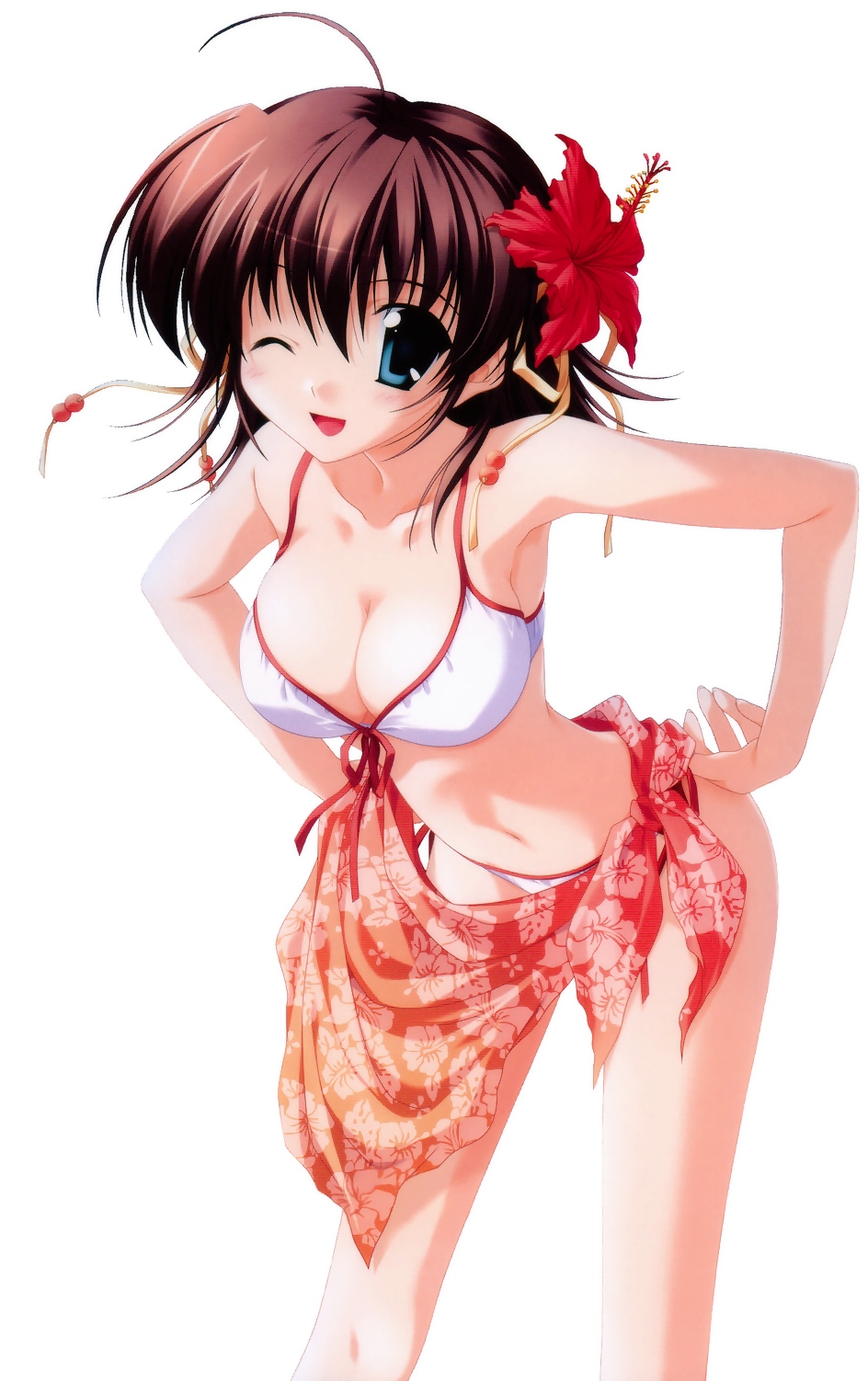 nanao naru, miyamura miyako, ef (visual novel), highres, 00s, 1girl, bent over, bikini, breasts, brown hair, cleavage, female focus, flower, front-tie top, green eyes, hibiscus, large breasts, one eye closed, sarong, side-tie bikini bottom, smile, solo, swimsuit, wink