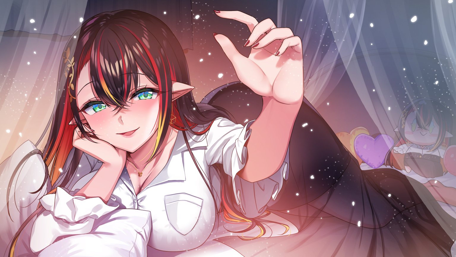 hanasaki mahiru, indie virtual youtuber, 1girl, black hair, black skirt, blush, breasts, curtains, earrings, green eyes, hair ornament, hand on own cheek, hand on own face, head rest, indoors, jewelry, large breasts, long hair, long sleeves, looking at viewer, lying, multicolored hair, on stomach, open mouth, pointy ears, red hair, shirt, skirt, smile, solo, streaked hair, tonarino meltina, white shirt