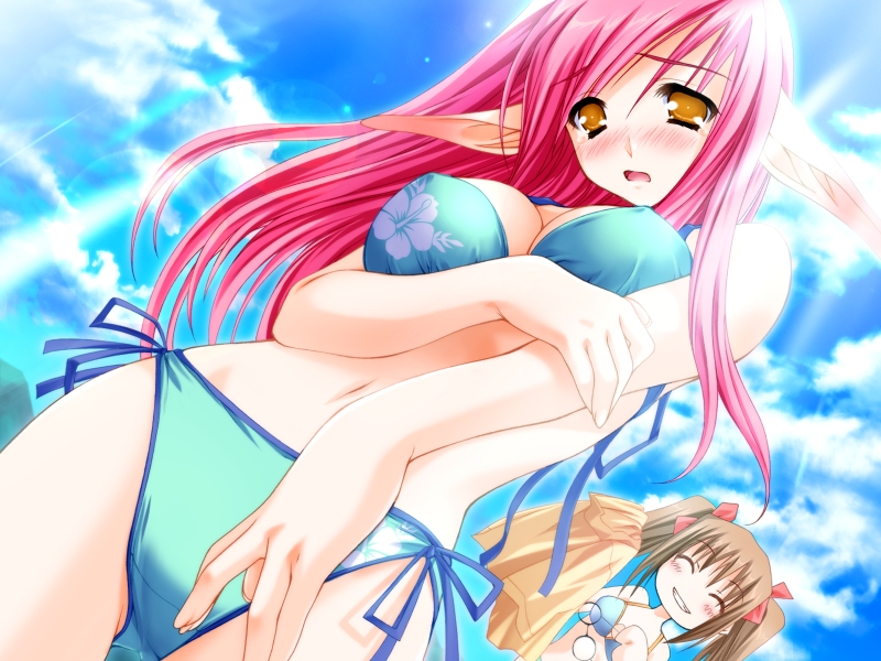 moekibara fumitake, rin lim venus, tomoe makina, nursery rhyme, game cg, 2girls, ^ ^, beach, bikini, blush, breasts, brown hair, cleavage, closed eyes, cloud, covered erect nipples, day, dutch angle, elf, floral print, glasses, holding, holding removed eyewear, large breasts, long hair, long pointy ears, multiple girls, open mouth, outdoors, pink hair, pointy ears, print bikini, side-tie bikini bottom, sky, smile, sunlight, swimsuit, tears, twintails, unworn eyewear, yellow eyes