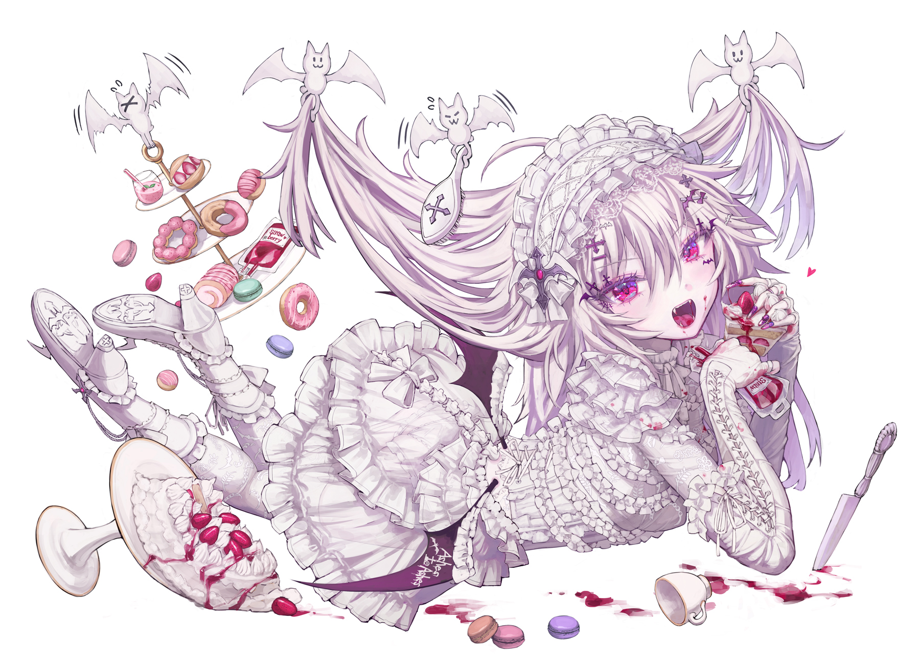 osobachan, original, commentary, highres, 1girl, bat (animal), bat wings, blood, blood bag, blouse, brushing another's hair, brushing hair, cake, cake stand, cup, donut, food, frills, fruit, gloves, gothic lolita, hairband, icing, knife, lolita fashion, lolita hairband, long hair, looking at viewer, low wings, lying, macaron, on stomach, open mouth, pon de ring, pon de strawberry, red eyes, shirt, simple background, skirt, solo, strawberry, swiss roll, teacup, too many, too many frills, vampire, white background, white gloves, white hair, white shirt, white skirt, wings