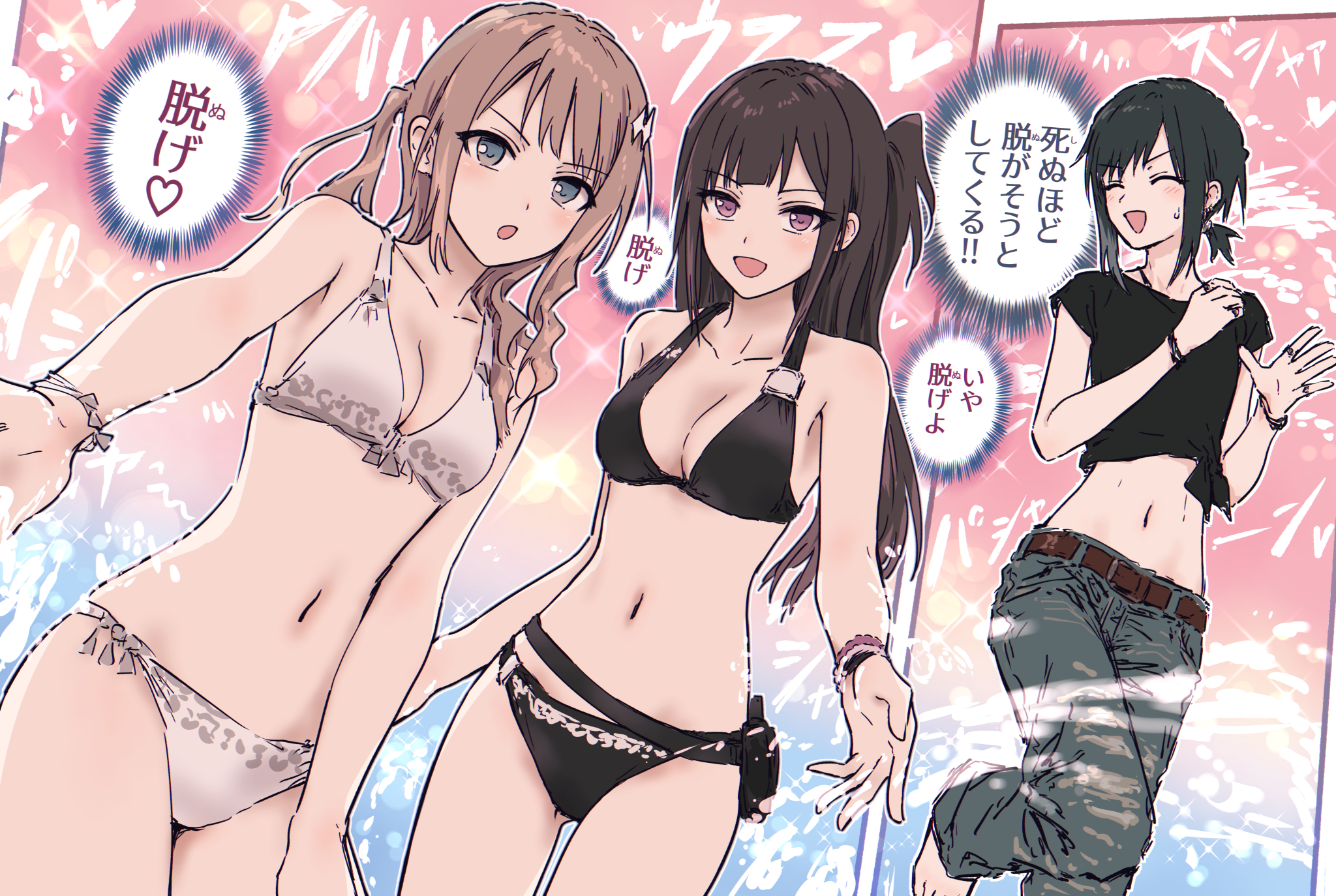 bullfalk, original, commentary request, highres, translation request, 3girls, barefoot, belt, bikini, black bikini, black hair, black shirt, blue pants, breasts, brown belt, brown hair, closed eyes, grey eyes, half updo, long hair, medium breasts, multiple girls, navel, open mouth, pants, purple eyes, shirt, short hair, stomach, sweatdrop, swimsuit, tied shirt, white bikini