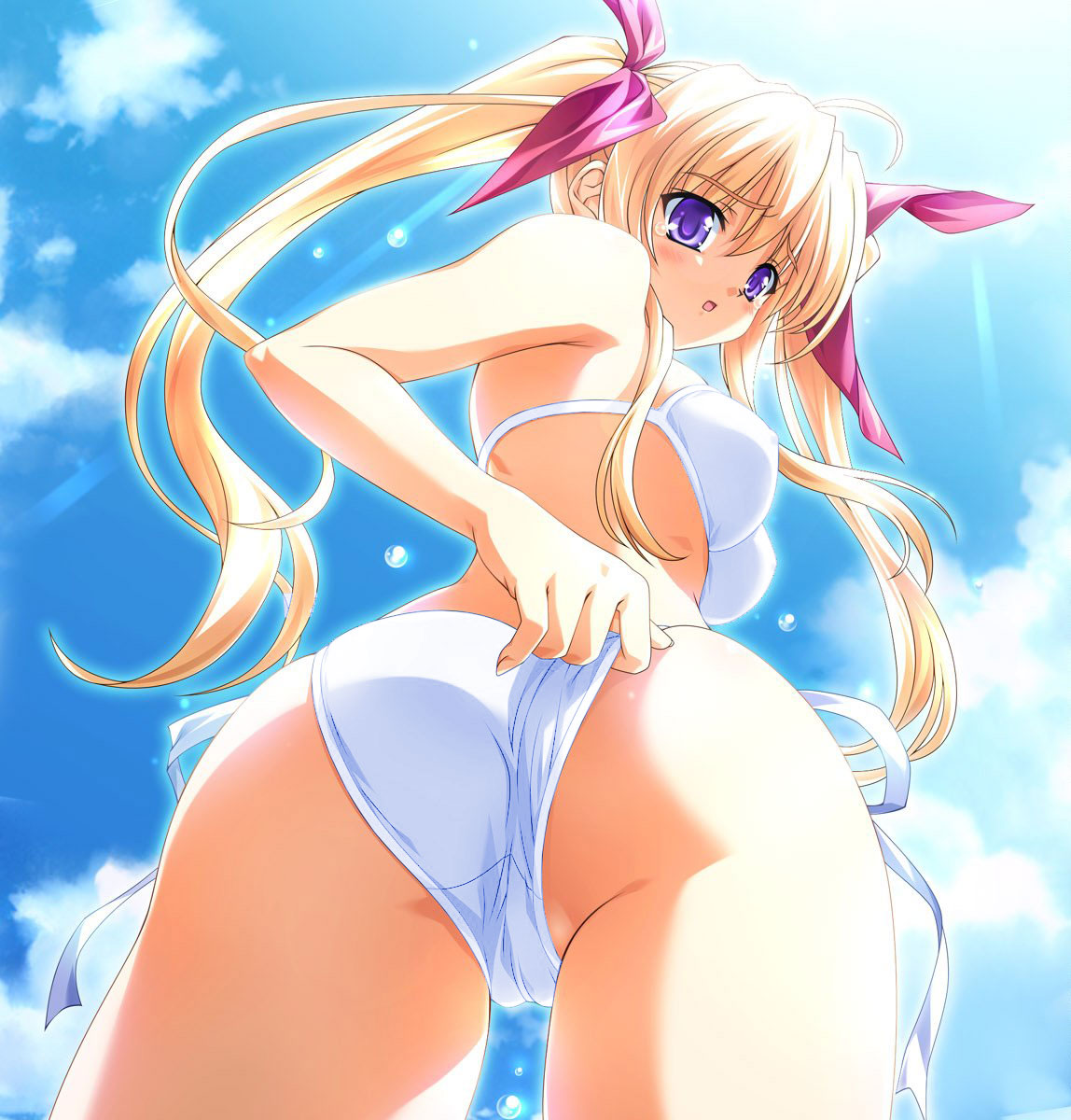 tsukasa yuuki, yagyuu aoi, nagisano, game cg, highres, 1girl, :o, ass, bikini, blonde hair, blue eyes, breasts, day, female focus, hair ribbon, large breasts, long hair, purple eyes, ribbon, solo, swimsuit, tears, twintails