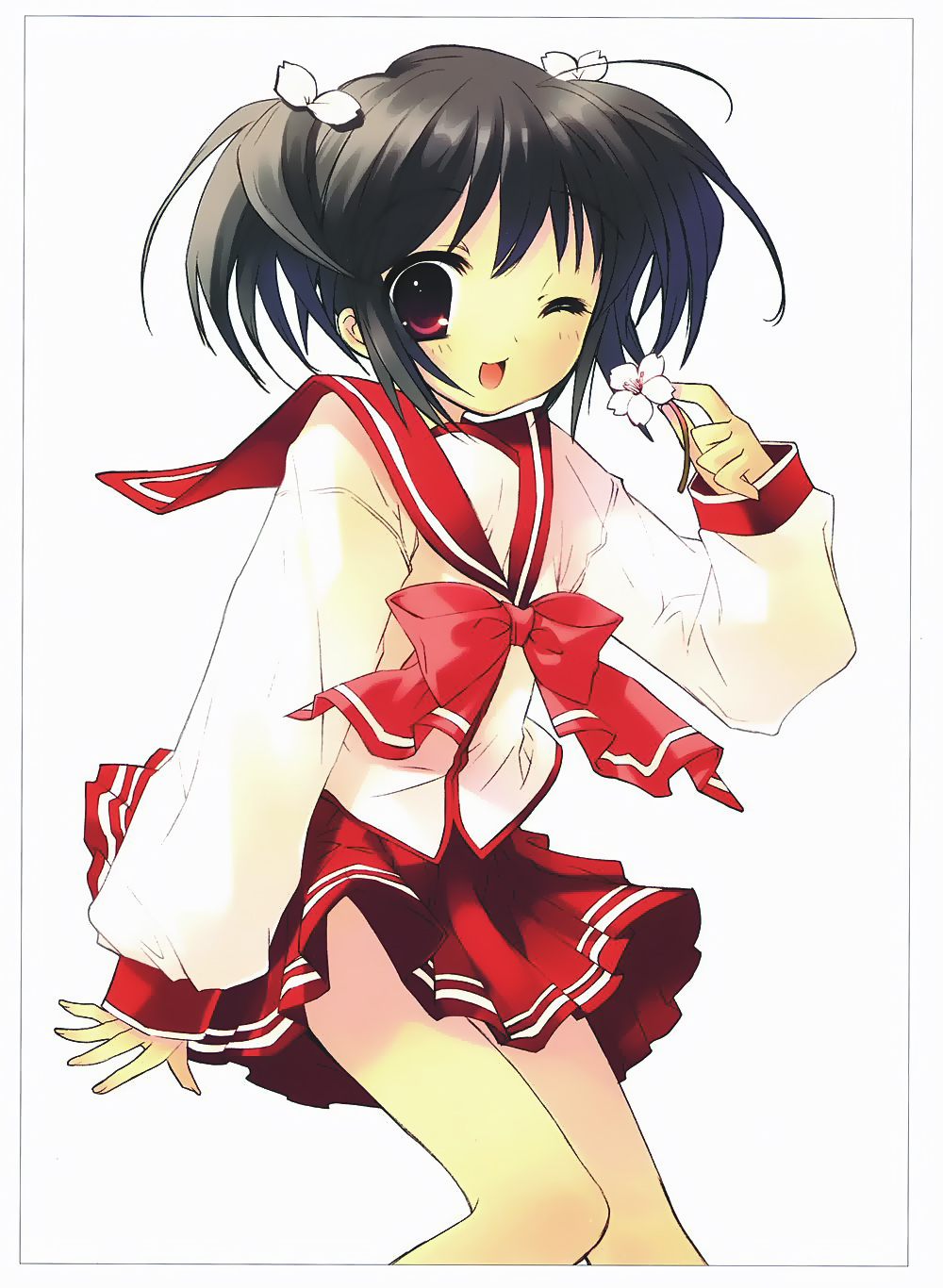 ito noizi, yuzuhara konomi, to heart (series), to heart 2, highres, 00s, 1girl, ;d, black hair, blush, brown eyes, female focus, flower, hair ribbon, heart, holding, holding flower, long sleeves, looking at viewer, one eye closed, open mouth, red eyes, red skirt, ribbon, sailor collar, school uniform, serafuku, shirt, short hair, simple background, skirt, smile, solo, twintails, two side up, white background, white shirt