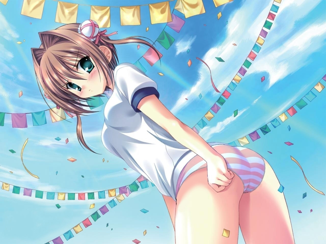 tanihara natsuki, asakura yume, da capo, da capo ii, 00s, 1girl, blush, brown hair, female focus, green eyes, hair bun, panties, pantyshot, short hair, single hair bun, solo, striped clothes, striped panties, underwear