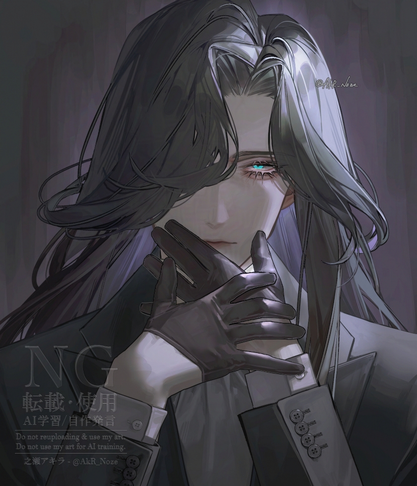 akr noze, original, commission, 1boy, aqua eyes, black gloves, black hair, black jacket, closed mouth, english text, gloves, grey background, grey shirt, hair over one eye, half-closed eyes, half gloves, hands up, jacket, light smile, long hair, looking at viewer, male focus, one eye covered, open clothes, open jacket, parted bangs, shirt, solo, twitter username, watermark
