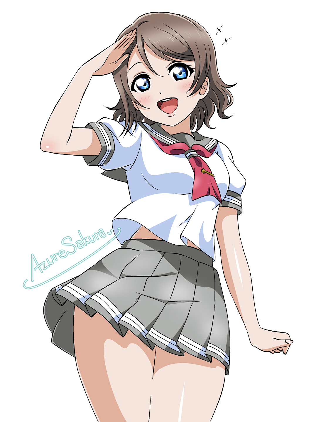 azuresakura, watanabe you, love live!, love live! sunshine!!, highres, 1girl, anime coloring, artist name, blue eyes, grey hair, grey sailor collar, grey skirt, looking at viewer, midriff peek, neckerchief, open mouth, pleated skirt, red neckerchief, sailor collar, school uniform, short hair, simple background, skirt, smile, solo, summer uniform, tie clip, uranohoshi school uniform, white background