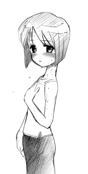 katou ryouichi, blush, camisole, greyscale, monochrome, short hair, sketch, skirt, solo, sweat