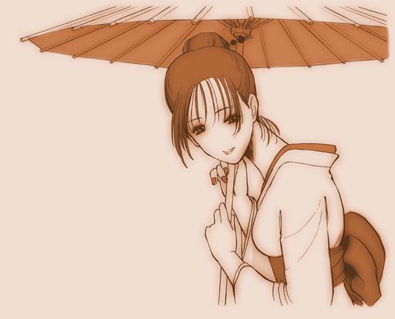 katou ryouichi, 1girl, female focus, japanese clothes, kimono, monochrome, oil-paper umbrella, orange theme, solo, umbrella