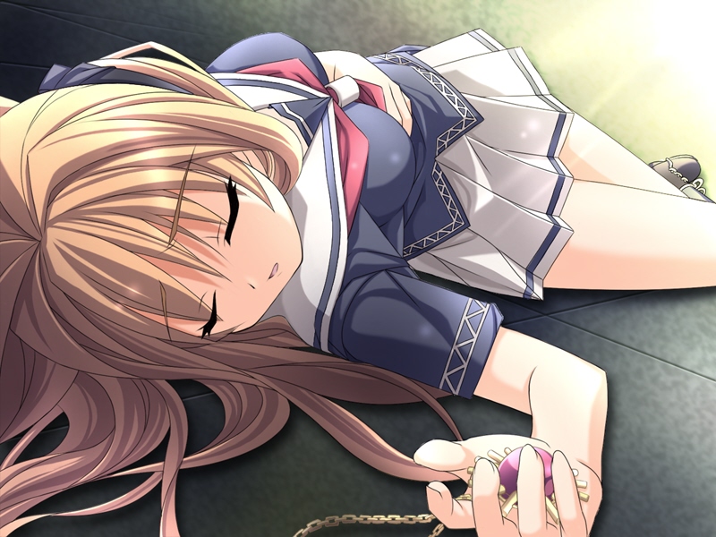 ninozen, saria (heaven strada), heaven strada, game cg, 1girl, blonde hair, closed eyes, female focus, jewelry, long hair, necklace, pendant, school uniform, serafuku, skirt, sleeping, solo