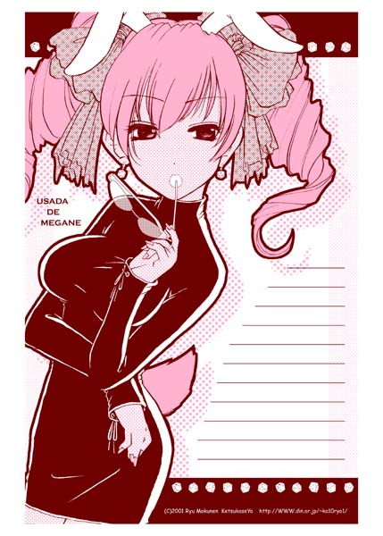 katou ryouichi, usada hikaru, di gi charat, 1girl, drill hair, female focus, glasses, monochrome, pink theme, solo, twintails