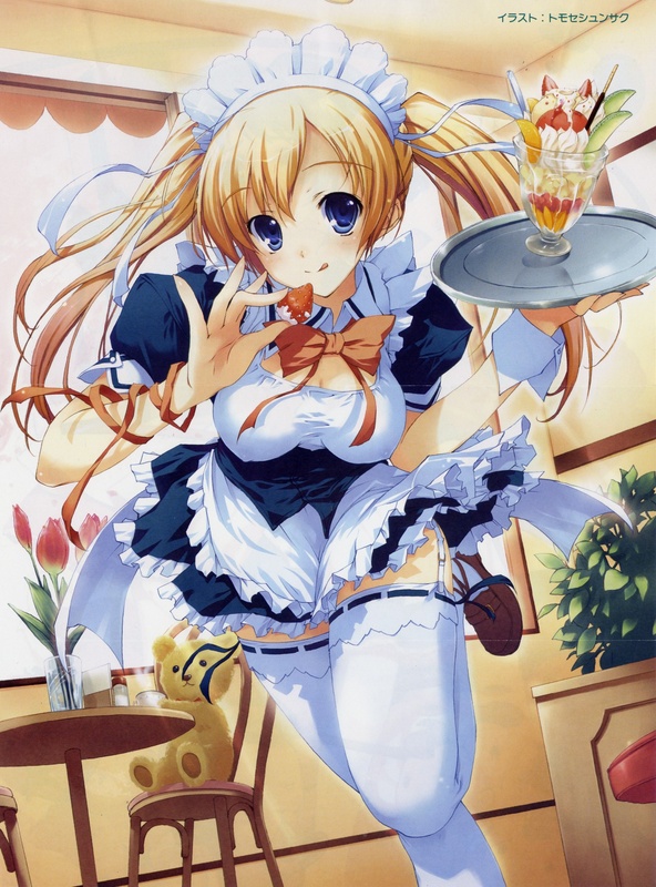 tomose shunsaku, 1girl, blonde hair, blue eyes, breasts, cleavage, flower, food, fruit, glass, ice cream, large breasts, orange (fruit), orange slice, parfait, pocky, ribbon, strawberry, sundae, thighhighs, tongue, twintails, waitress, zettai ryouiki