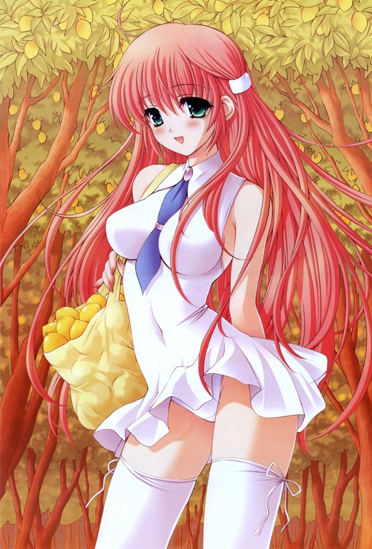 kuroda akimi, girl's avenue, megami magazine, clothed navel, pantyshot (standing), white legwear, scan, 1girl, :d, aqua eyes, arched back, arm behind back, bag, bare shoulders, between breasts, blush, bow legwear, breasts, brooch, cowboy shot, dress, fingernails, food, forest, fruit, hair between eyes, hair ornament, high collar, jewelry, lemon, long fingernails, long hair, looking at viewer, nature, necktie, open mouth, outdoors, panties, pantyshot, pink hair, pinky out, pleated dress, short dress, smile, solo, standing, thighhighs, underwear, upskirt, very long hair, white dress, white panties, zettai ryouiki