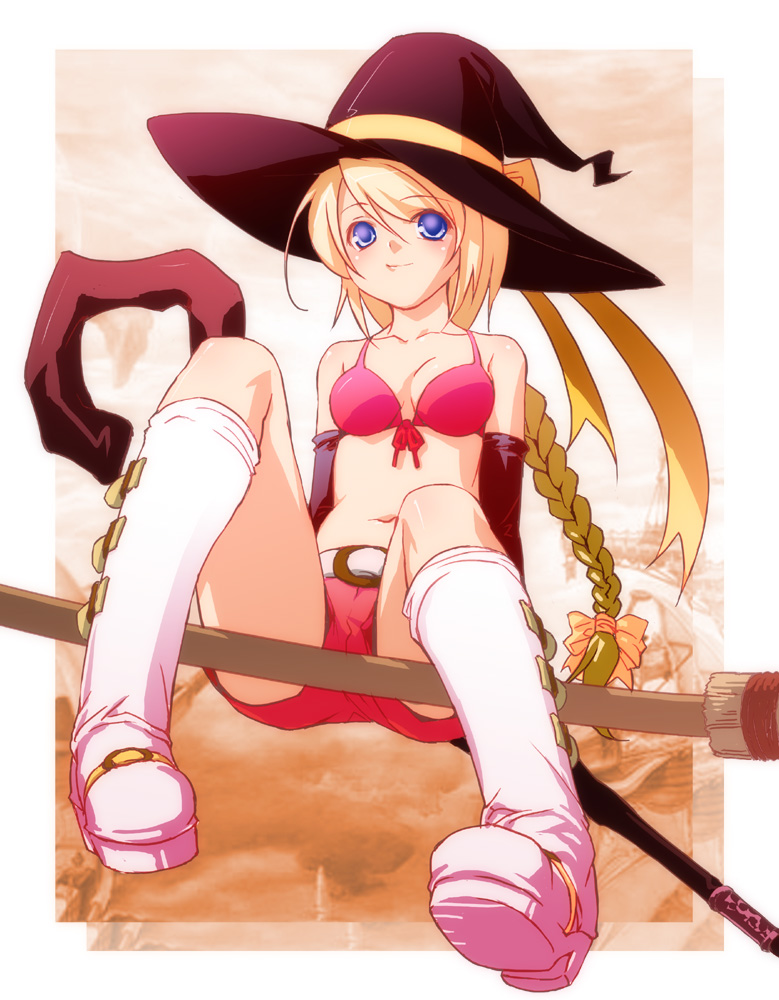 47agdragon, flyff, 1girl, bikini, bikini top only, blonde hair, blue eyes, boots, elbow gloves, female focus, front-tie top, gloves, hat, pink boots, shorts, sidesaddle, solo, swimsuit, witch hat