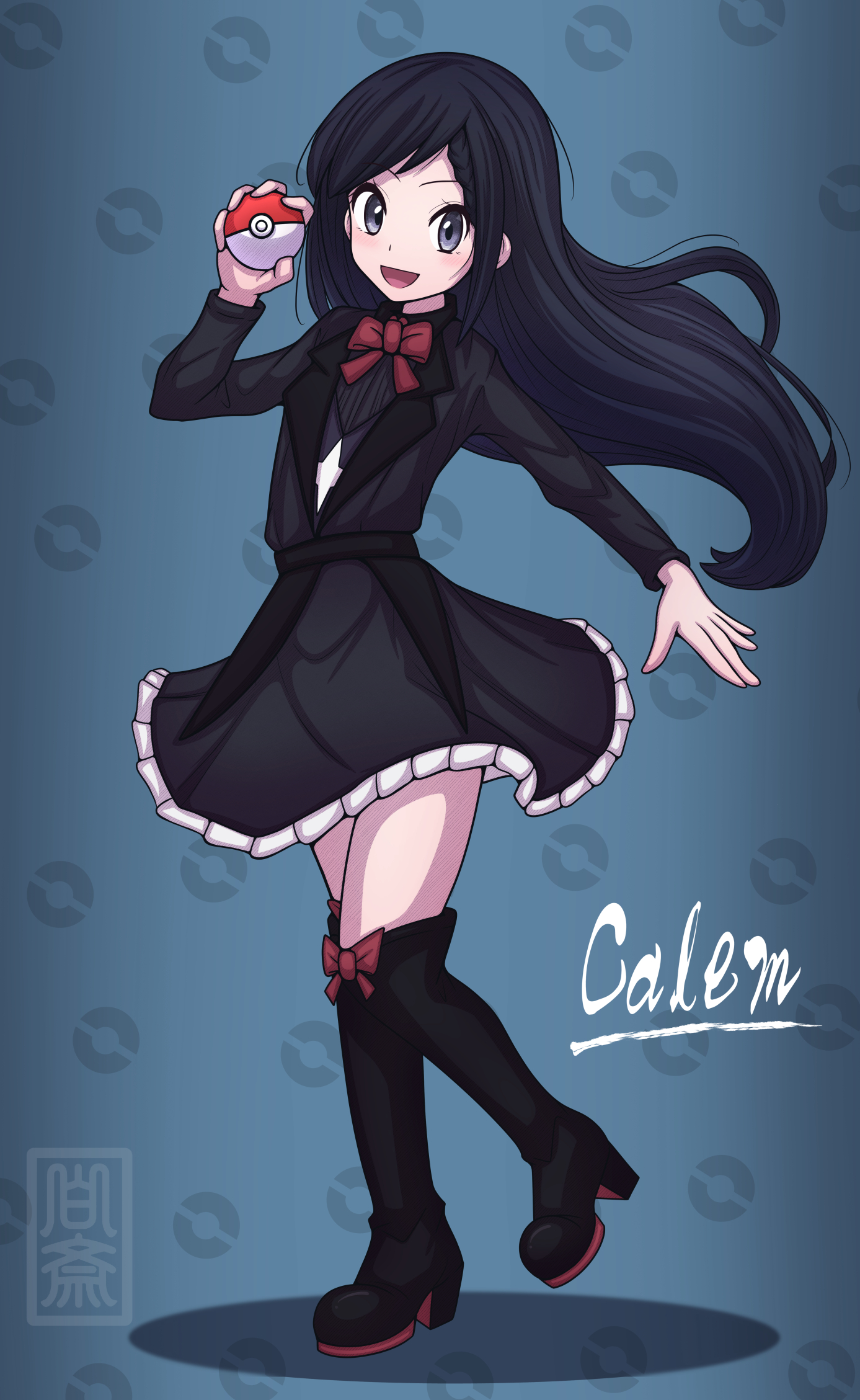 hakusai (user nkkd7242), calem (pokemon), nintendo, pokemon, pokemon xy, commentary request, commission, highres, skeb commission, 1boy, :d, black boots, black dress, black hair, boots, bow, bowtie, character name, crossdressing, crossdressing (mtf), dress, full body, grey eyes, hand up, happy, high heel boots, high heels, holding, holding poke ball, knee boots, long hair, long sleeves, looking at viewer, male focus, open mouth, poke ball, poke ball (basic), red bow, red bowtie, sidelocks, smile, solo, standing, trap