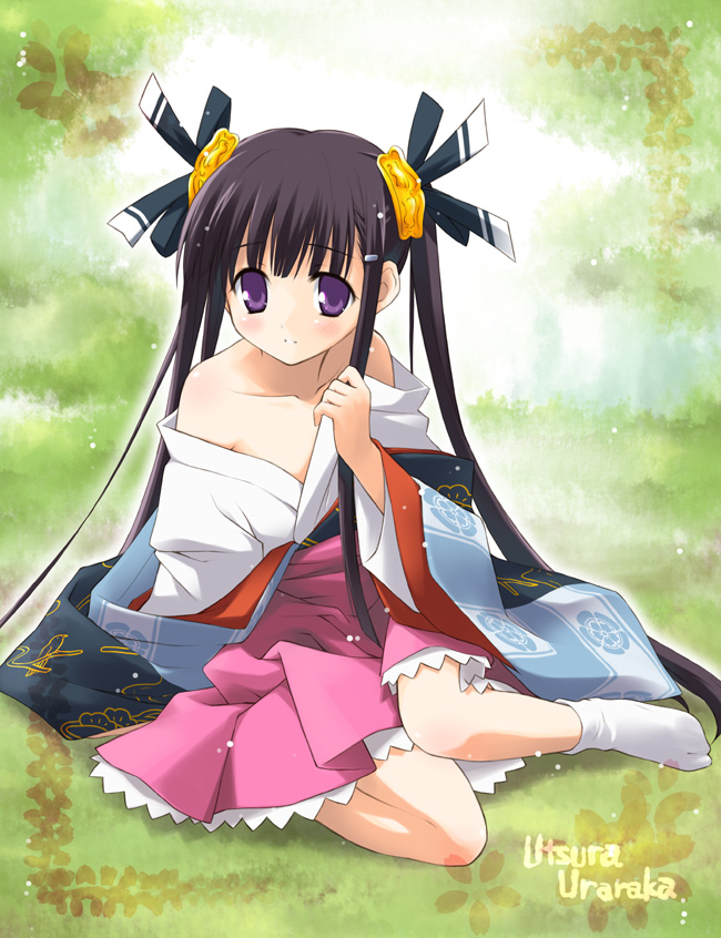eretto, oda kou, rance (series), sengoku rance, 1girl, bare shoulders, black hair, blunt bangs, collarbone, female focus, full body, hakama, hakama short skirt, hakama skirt, japanese clothes, kimono, loli, long sleeves, looking at viewer, open clothes, open kimono, purple eyes, purple hair, sitting, skirt, socks, solo, twintails, white socks, wide sleeves, yokozuwari
