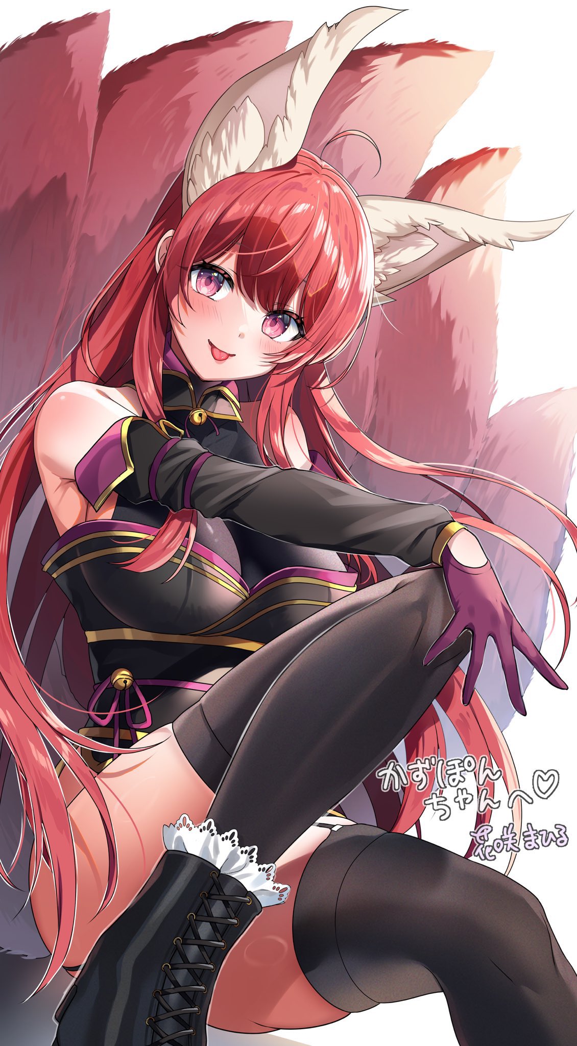 hanasaki mahiru, original, commission, highres, skeb commission, 1girl, ahoge, animal ears, artist name, bare shoulders, black boots, black kimono, black sash, black thighhighs, blush, boots, breasts, commissioner name, detached sleeves, fake animal ears, fox ears, fox tail, gloves, japanese clothes, kimono, large breasts, long hair, looking at viewer, multiple tails, obi, purple eyes, purple gloves, red hair, sash, sitting, solo, tail, thighhighs, thighs, tongue, tongue out