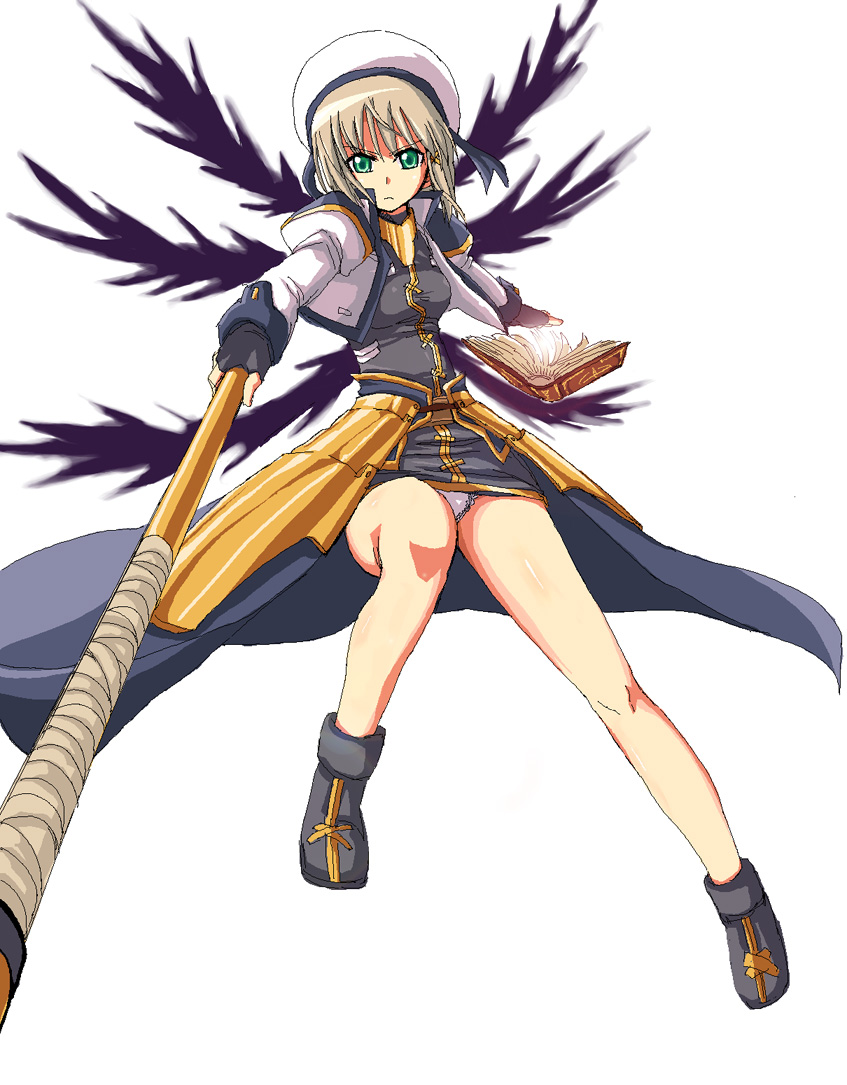 kurosho, schwertkreuz, tome of the night sky, yagami hayate, lyrical nanoha, mahou shoujo lyrical nanoha, mahou shoujo lyrical nanoha strikers, 00s, 1girl, blonde hair, book, female focus, green eyes, hair ornament, panties, pantyshot, short hair, solo, staff, underwear, unison (nanoha), wings, x hair ornament