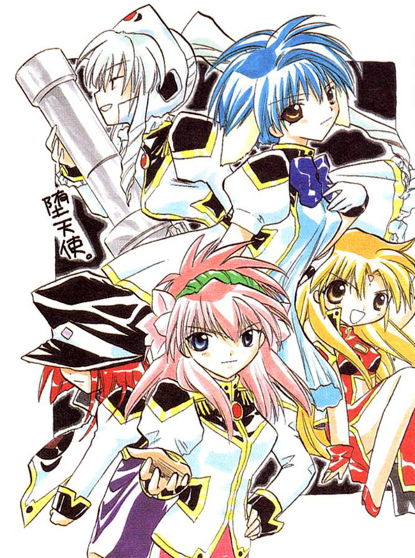 forte stollen, milfeulle sakuraba, mint blancmanche, ranpha franboise, vanilla h, galaxy angel, 00s, 5girls, blonde hair, blue hair, hat, long hair, looking at viewer, multiple girls, peaked cap, pink hair, red hair, short hair, yellow eyes