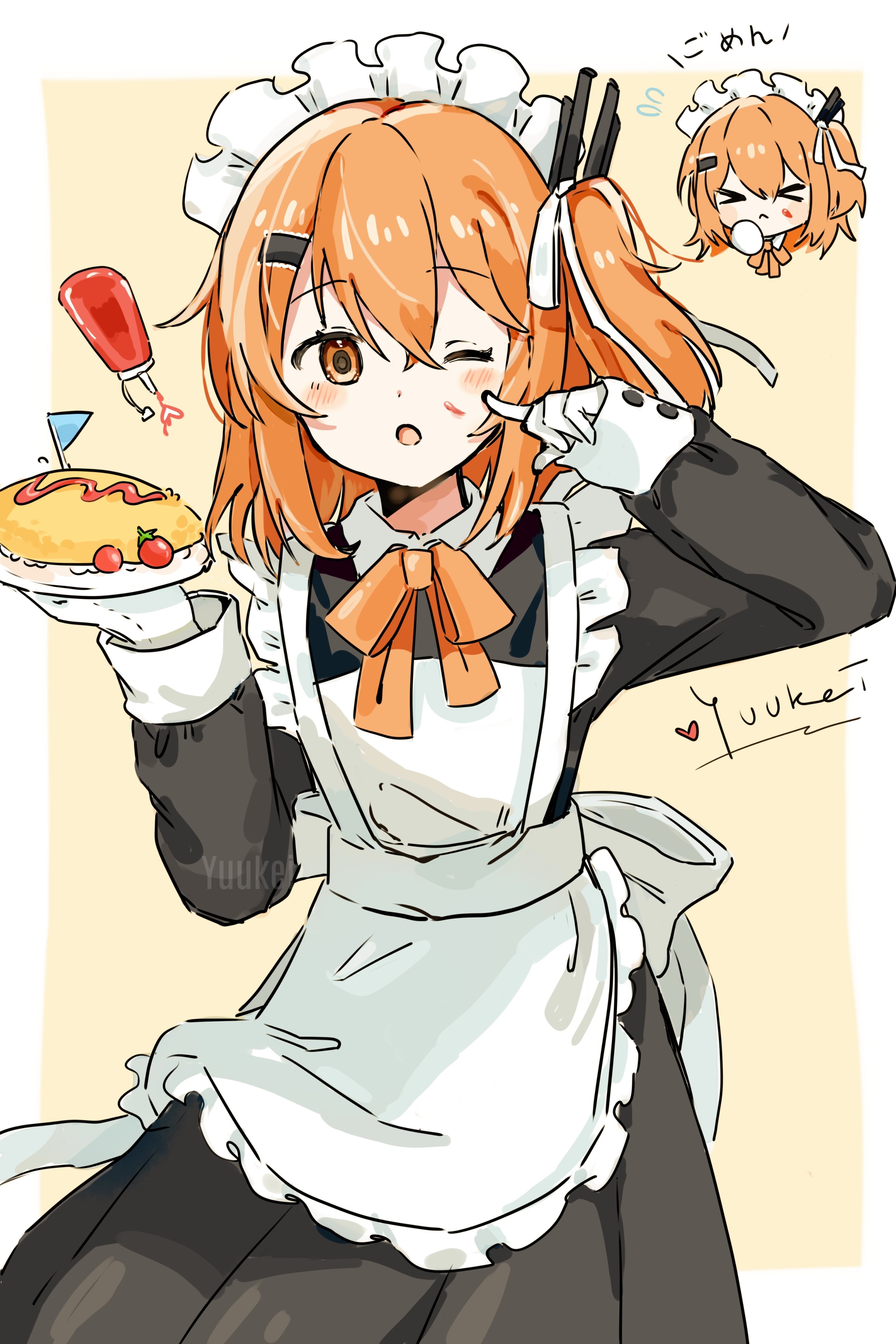 adachi rei, a.i. voice, utau, absurdres, highres, 1girl, alternate costume, apron, black dress, dress, enmaided, food, frilled apron, frills, gloves, holding, holding food, long sleeves, looking at viewer, maid, maid apron, maid headdress, medium hair, neck ribbon, omelet, omurice, one eye closed, one side up, orange eyes, orange hair, orange ribbon, ribbon, white apron, white gloves, yuukeiii213