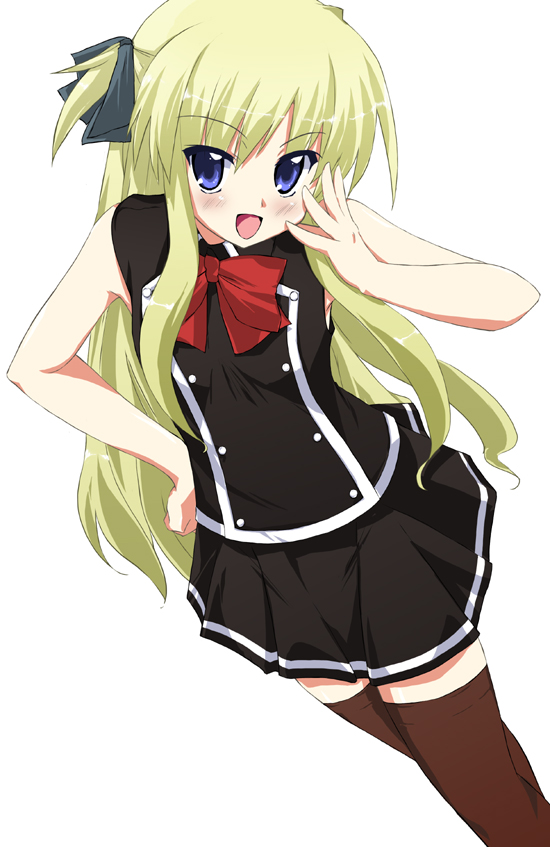 minase shuu, shalon, quiz magic academy, 1girl, blouse, bow, bowtie, brown thighhighs, female focus, long hair, miniskirt, red bow, red bowtie, shirt, simple background, skirt, sleeveless, sleeveless shirt, solo, thighhighs, very long hair, white background, zettai ryouiki