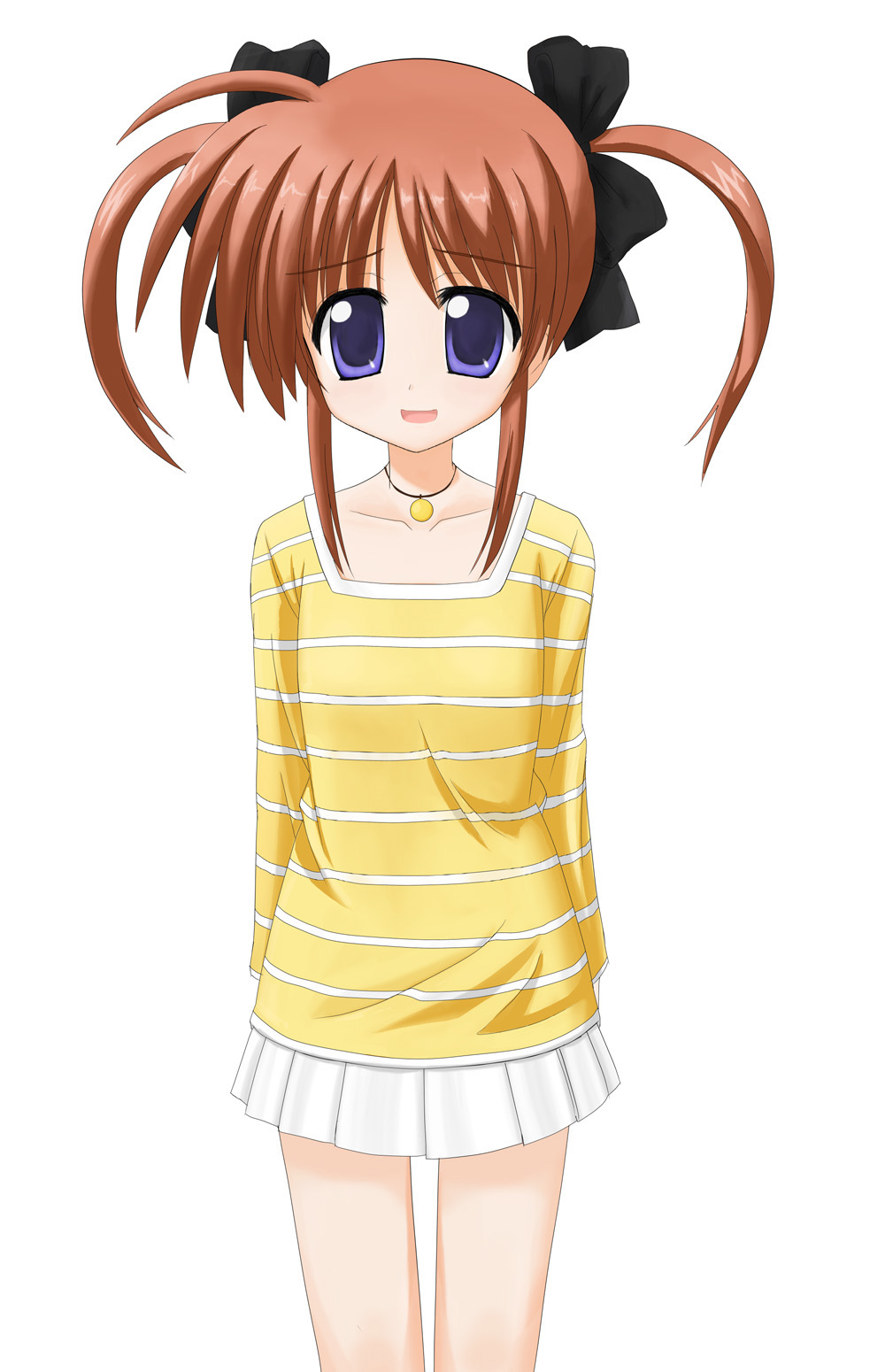takamachi nanoha, lyrical nanoha, mahou shoujo lyrical nanoha, highres, tagme, 00s, 1girl, child, female focus, jewelry, necklace, shirt, simple background, skirt, solo, standing, striped clothes, striped shirt, twintails, white background