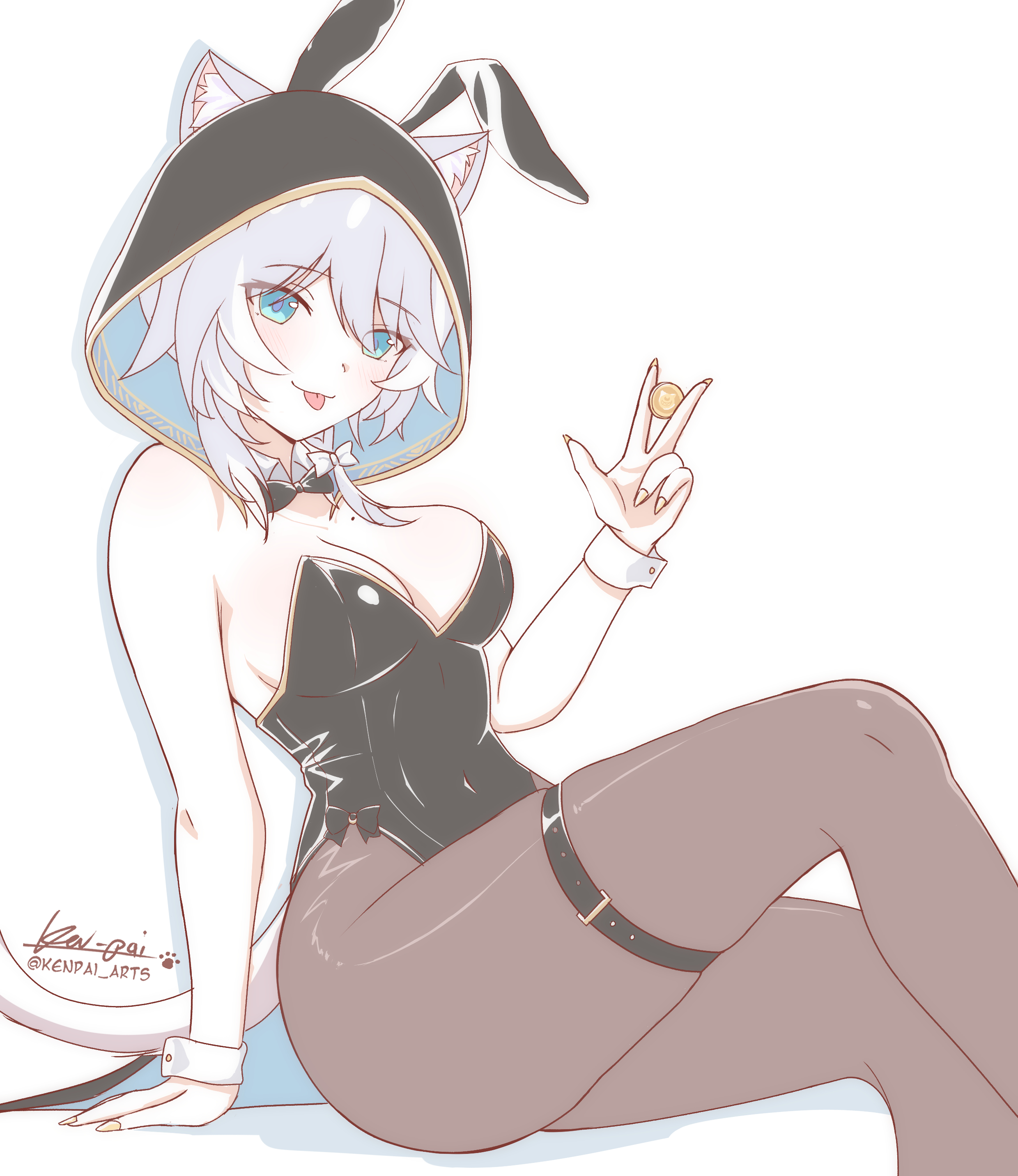 ken-pai (kenpai arts), cipher (honkai: star rail), honkai: star rail, honkai (series), absurdres, commentary, english commentary, highres, 1girl, alternate costume, animal ear fluff, animal ears, artist name, bare shoulders, black bow, black bowtie, black hood, black leotard, black pantyhose, blue eyes, bow, bowtie, breasts, cat ears, cat girl, cat tail, cleavage, coin, fake animal ears, gold coin, grey hair, holding, holding coin, large breasts, leotard, pantyhose, playboy bunny, short hair with long locks, simple background, sitting, solo, tail, tongue, tongue out, twitter username, white background, wrist cuffs