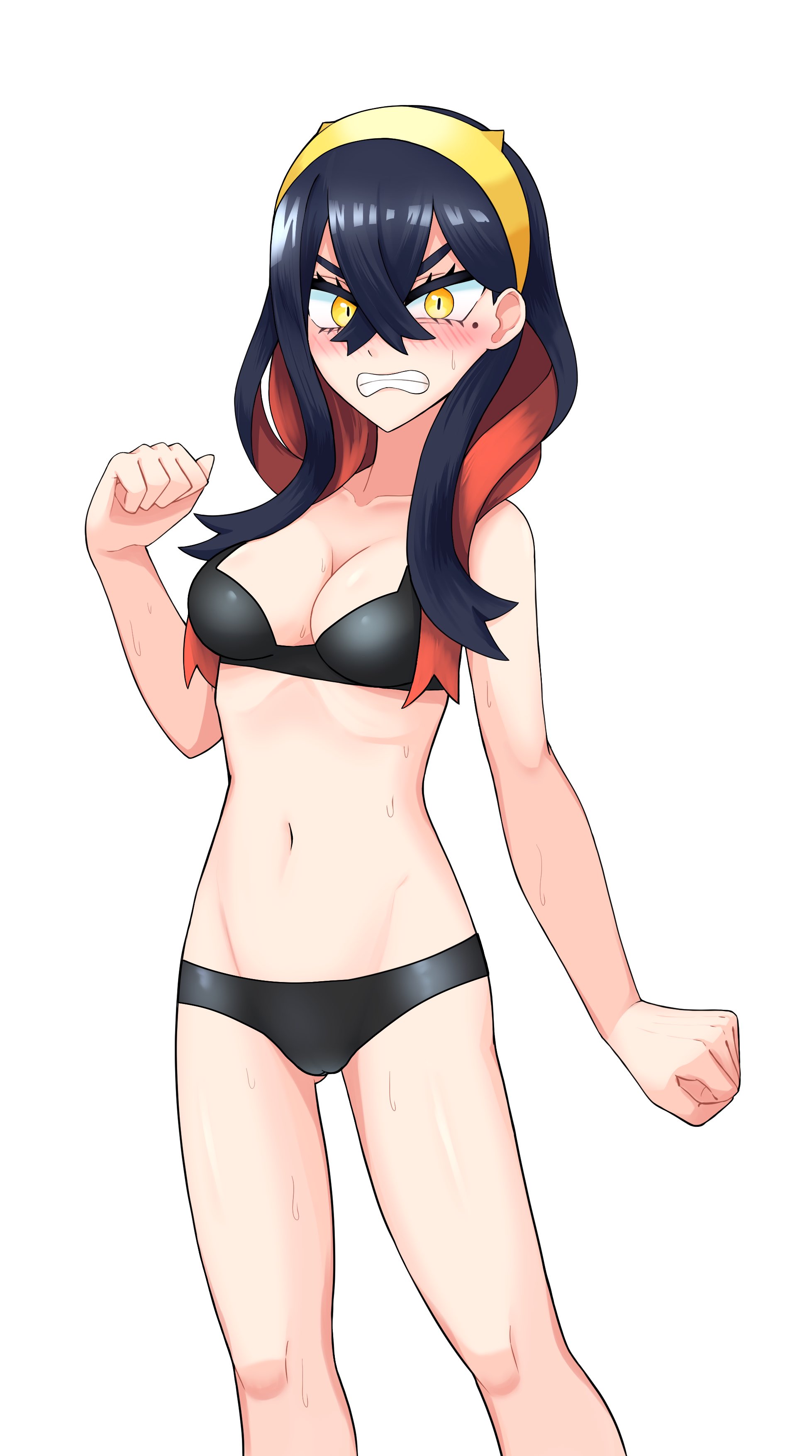 heaven10317, carmine (pokemon), nintendo, pokemon, pokemon sv, absurdres, commentary request, highres, 1girl, alternate costume, bikini, black bikini, black hair, blush, breasts, clenched teeth, collarbone, crossed bangs, eyelashes, hair between eyes, hairband, hand up, knees, mole, mole under eye, multicolored hair, navel, red hair, simple background, standing, sweat, swimsuit, teeth, two-tone hair, white background, yellow eyes, yellow hairband