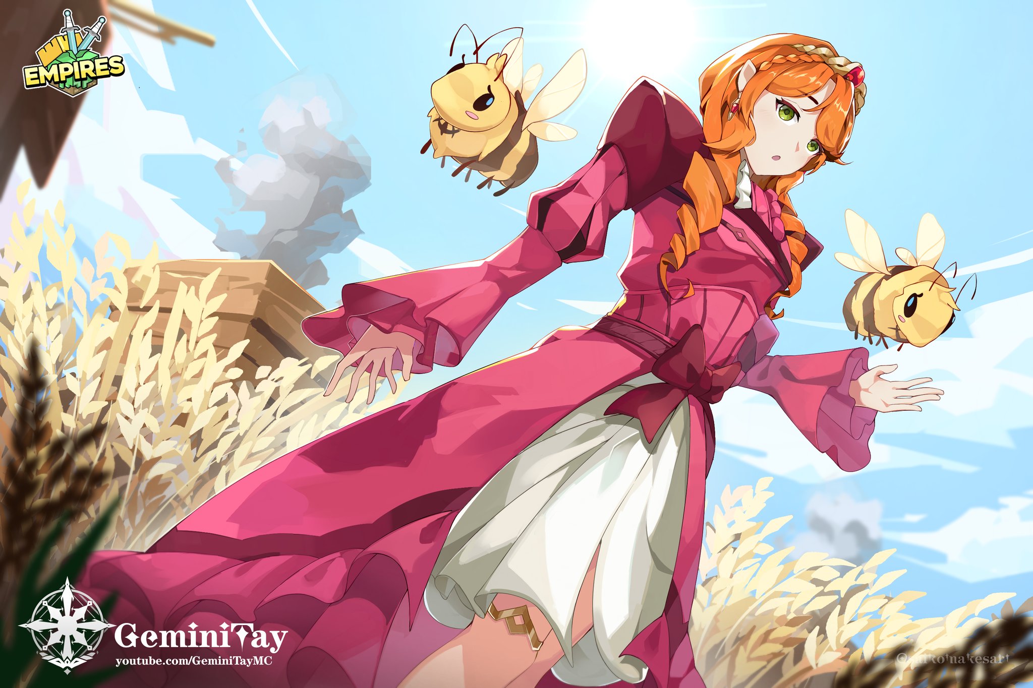 saikomakesart, geminitay, geminitay (princess), empires smp, minecraft youtube, commentary, english commentary, highres, 1girl, animification, bee, bow, braid, bug, cloud, crown braid, dress, dutch angle, earrings, gown, green eyes, insect, jewelry, long hair, long sleeves, looking at viewer, orange hair, outdoors, pink dress, pointy ears, princess, red bow, ringlets, sky, smoke, solo, tiara, wheat