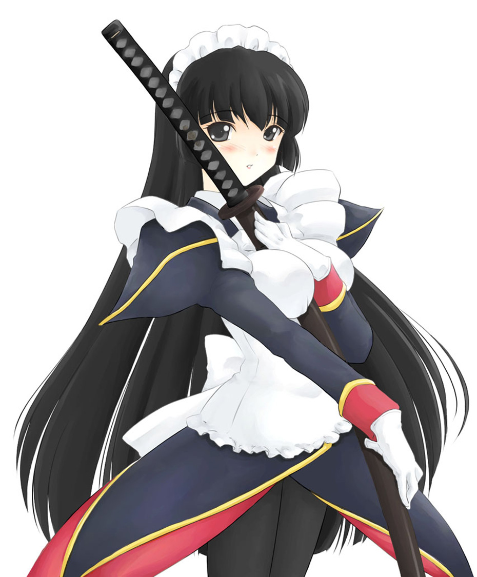tsurugi konoe, hanaukyou maid tai, 00s, 1girl, between breasts, black eyes, black hair, blush, breasts, female focus, hime cut, impossible clothes, katana, large breasts, looking at viewer, maid, simple background, solo, sword, weapon, white background